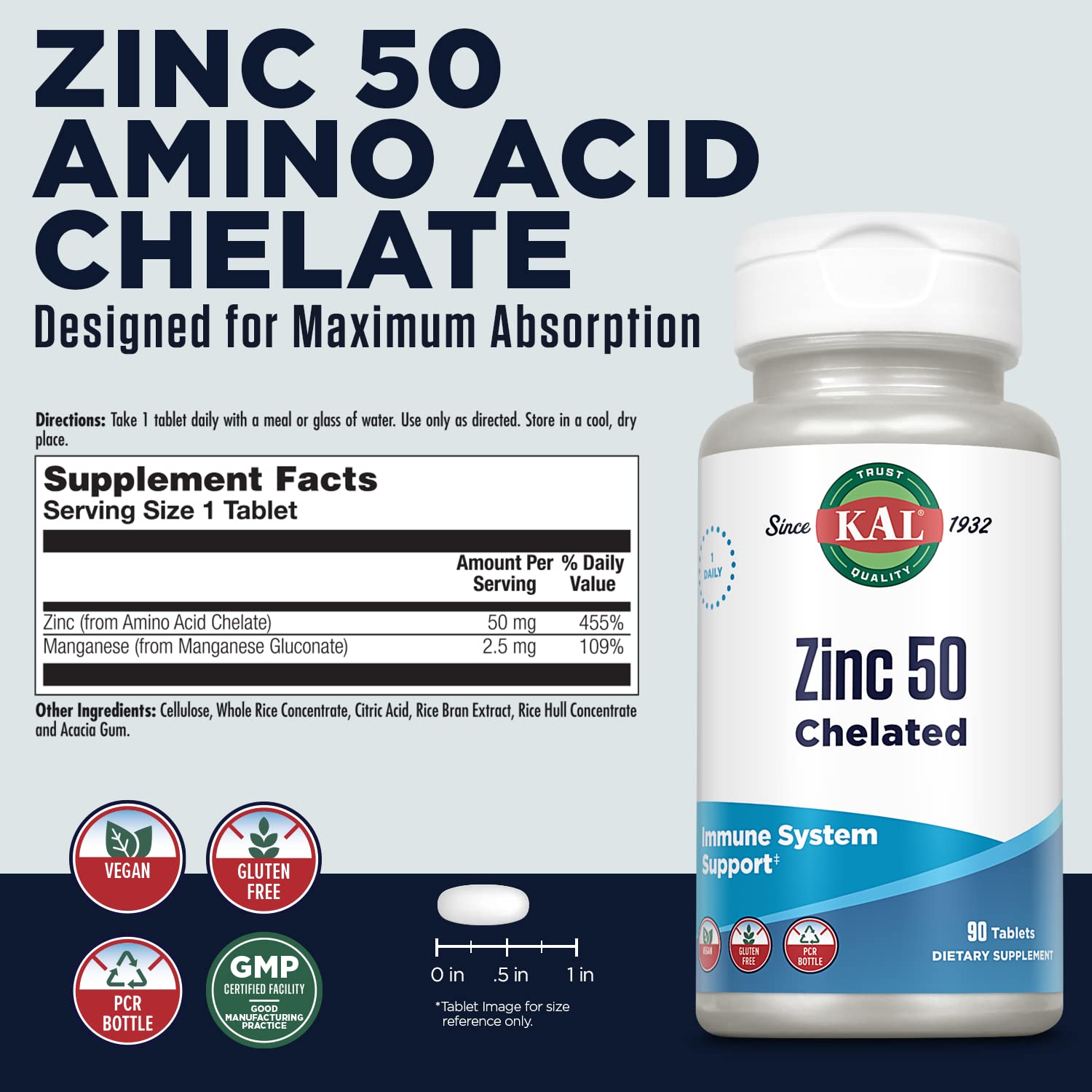 KAL Zinc 50 mg chelaté, flacon fermé prêt à l’emploi pour un soutien quotidien.