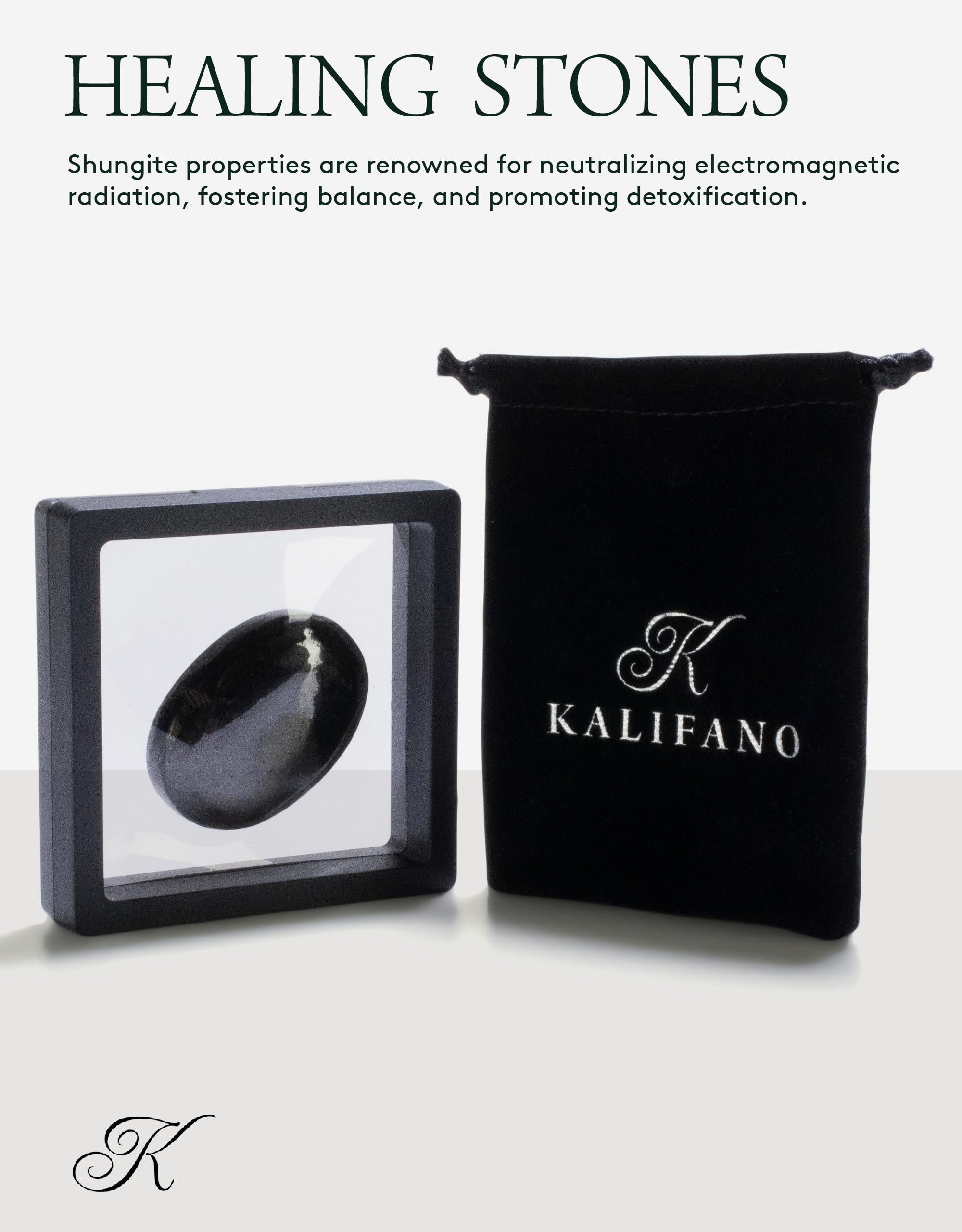 Kalifano: pierre shungite grain unique, chaque pièce variation naturelle.