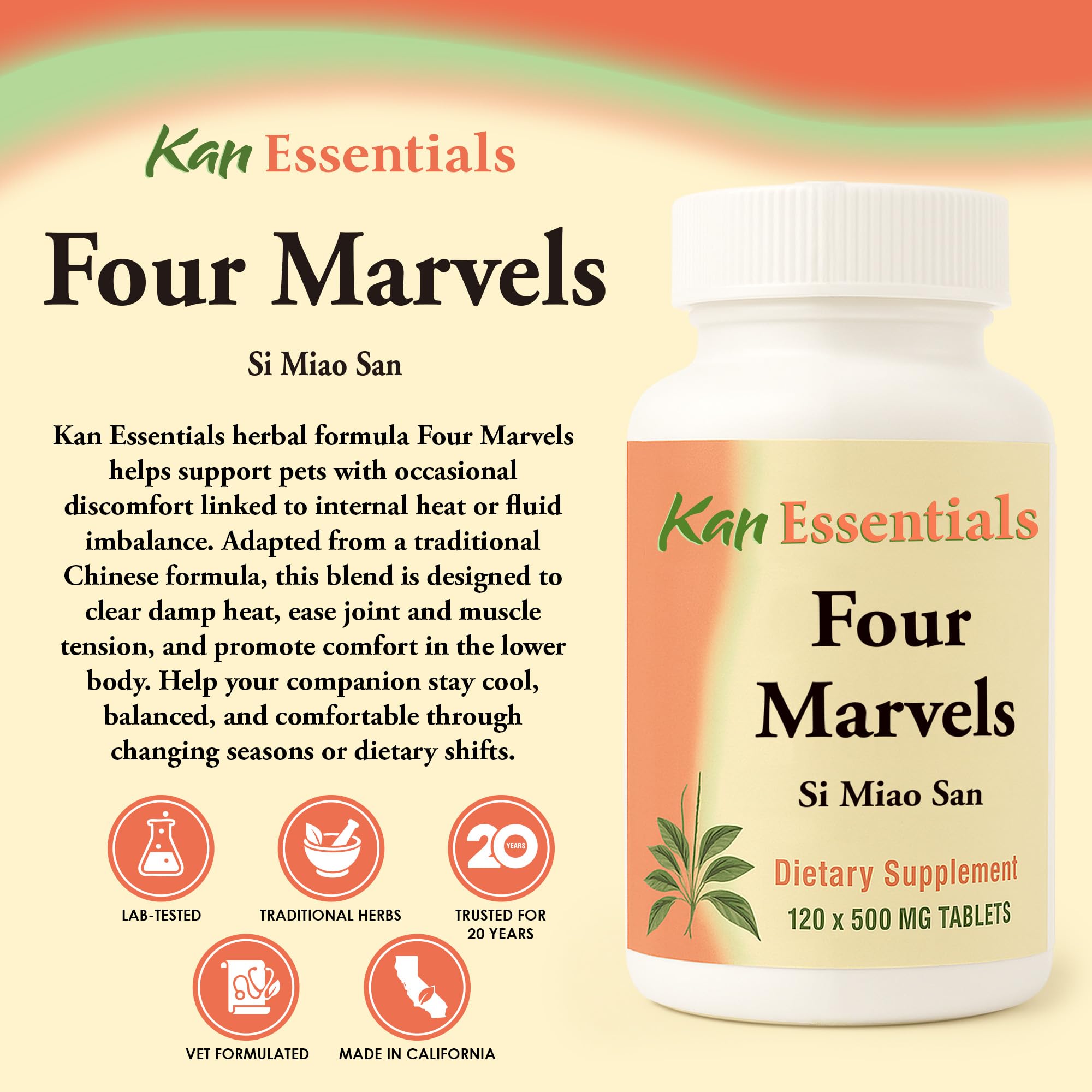 Kan Herb Quatre Merveilles tablettes animaux, soutien digestif potentiel pour chiens et chats.