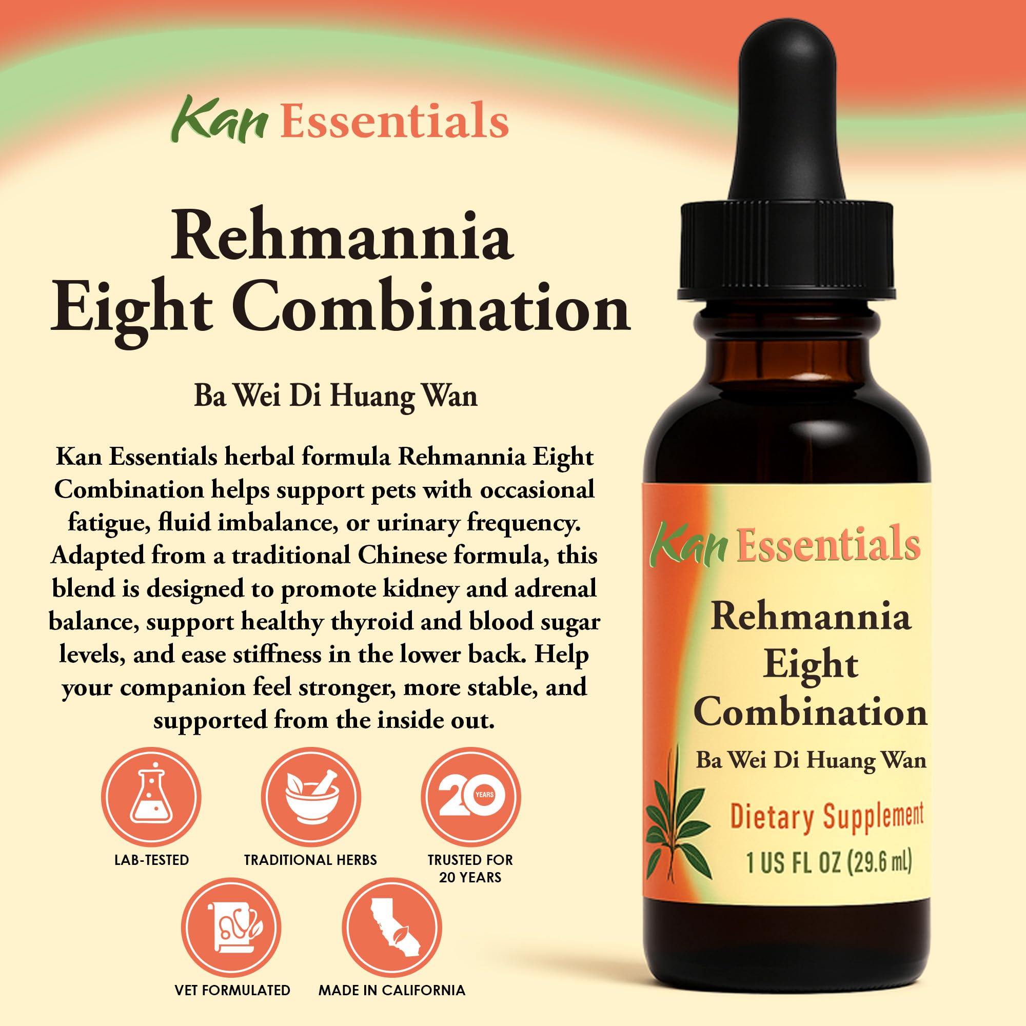 Kan Herb Rehmannia Eight – Gouttes en flacon, usage quotidien possible pour le bien-être animal