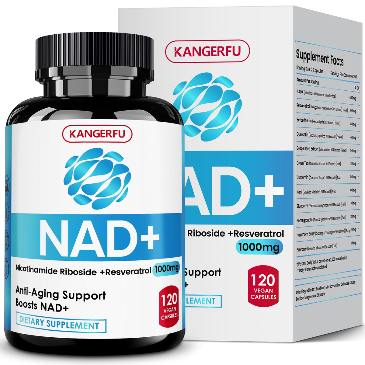 KANGERFU NAD Resveratrol liposomale – Bouteille visible, énergie potentielle.