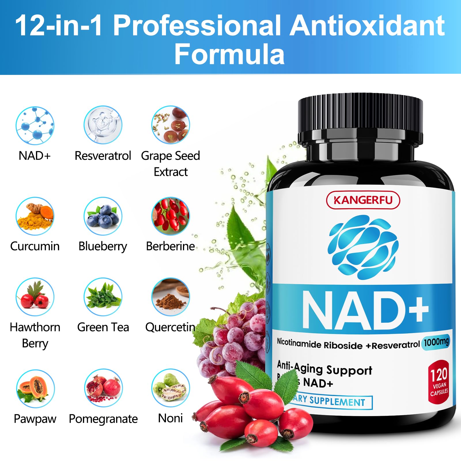 KANGERFU NAD Resveratrol liposomale – Étiquetage clair, composition premium.