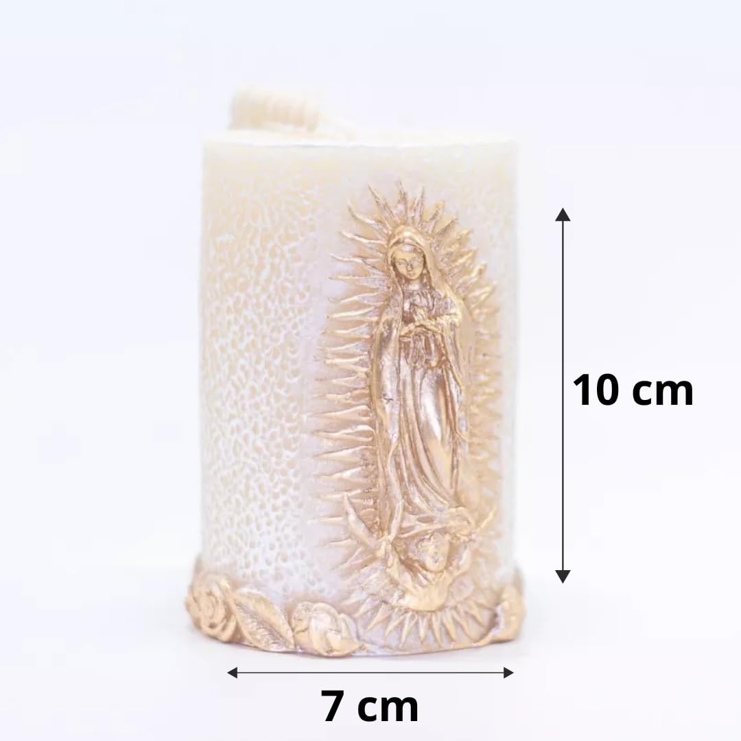 Bougie Kanica avec Vierge de Guadalupe et rose, parfum doux pour recueillement.