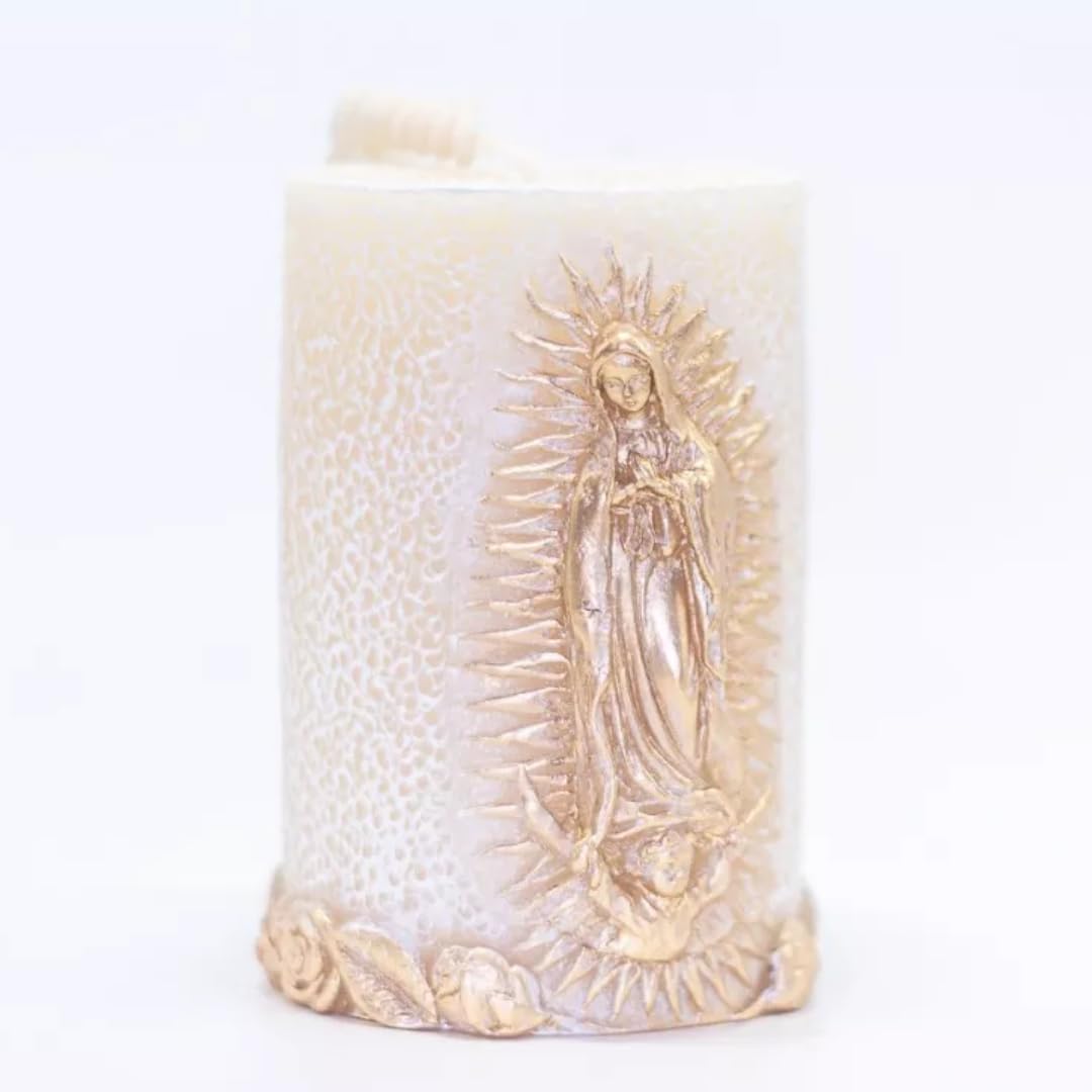Bougie Kanica Vierge de Guadalupe, design blanc et or, ambiance sacrée pour prière.