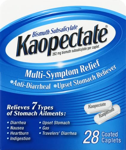 Kaopectate boite-caplets-28-transportables: boîte compacte prête à l'emploi en déplacement.