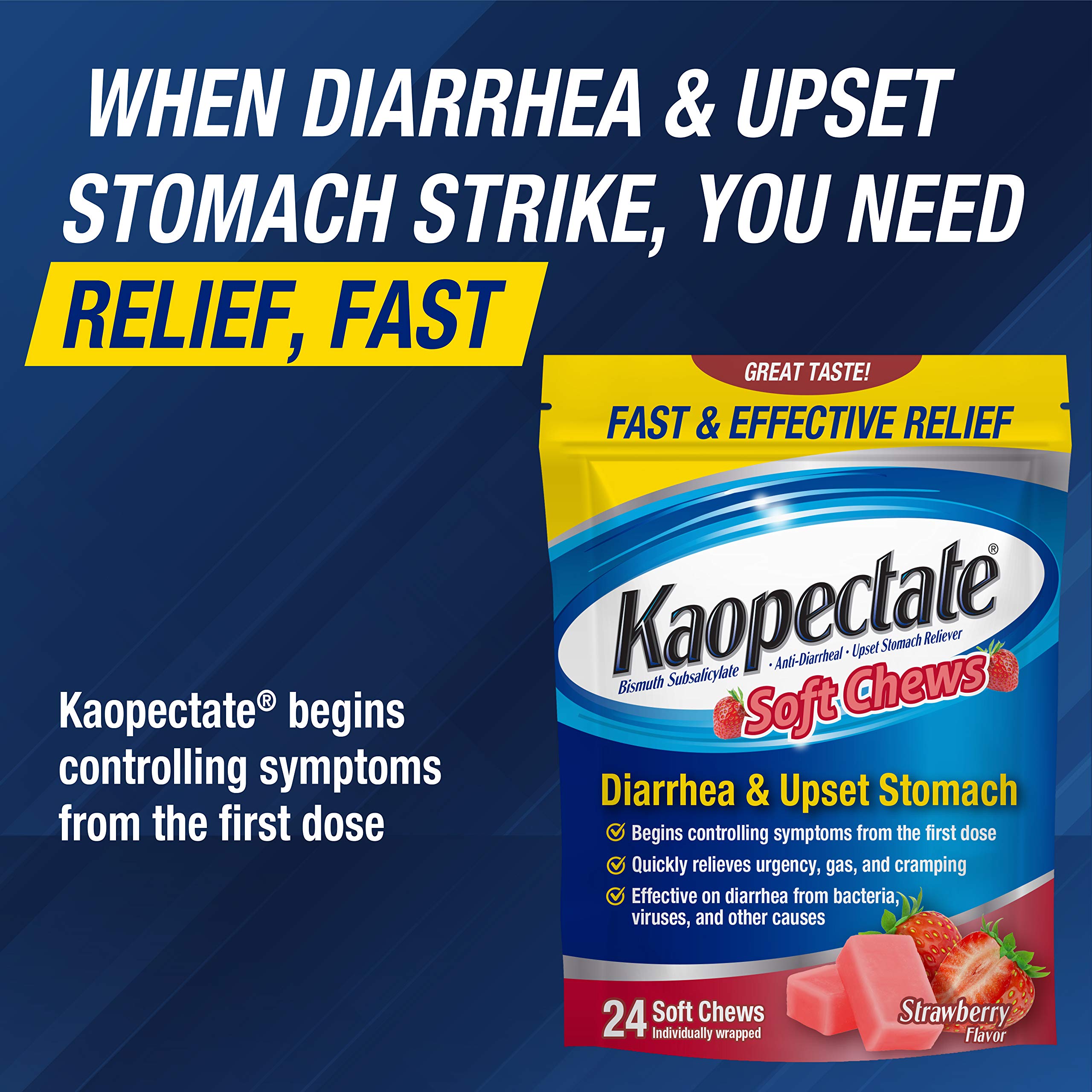 Kaopectate Fraises dose facile à repérer, prêt à l’emploi.