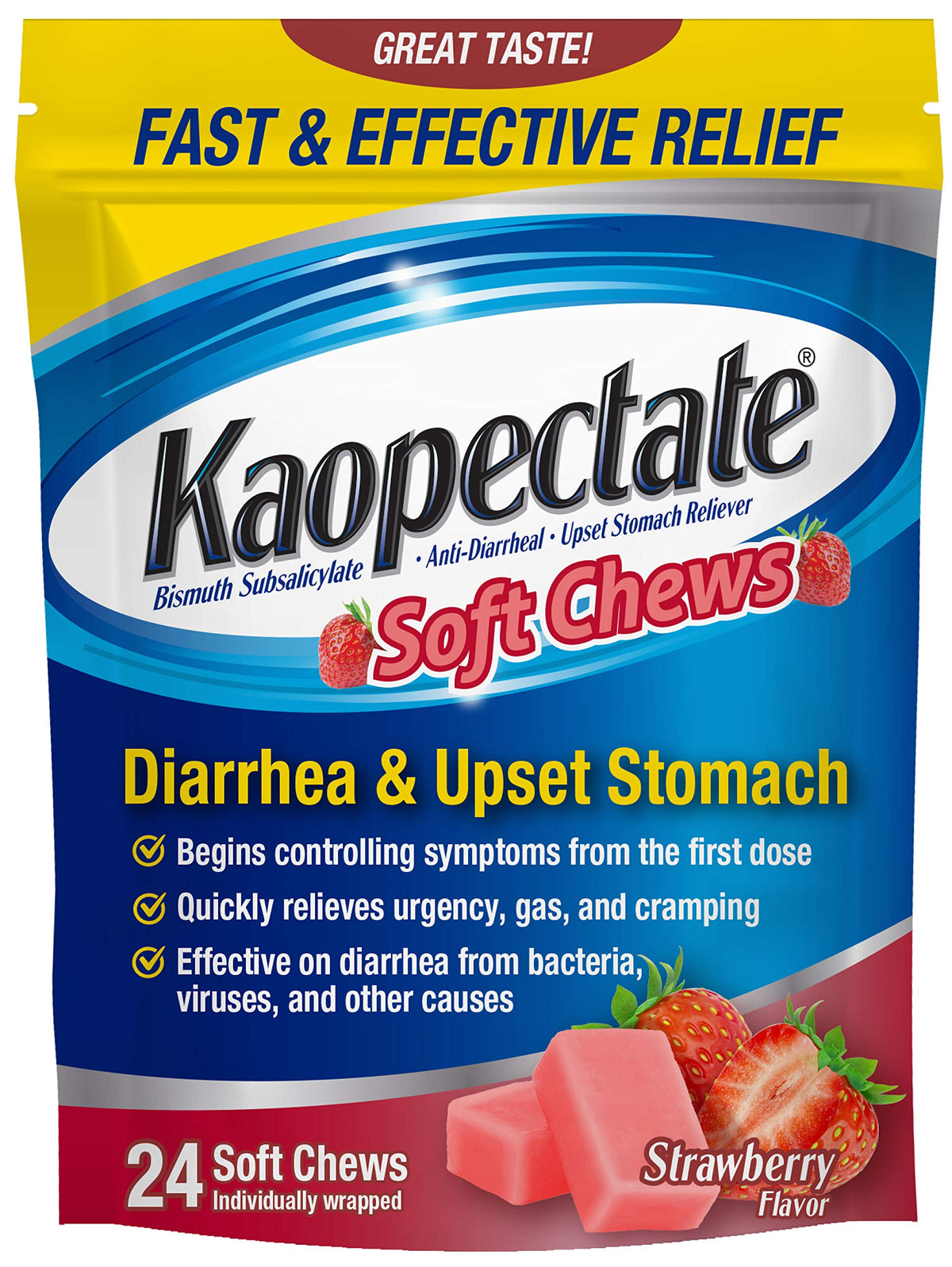 Kaopectate Fraises emballage clair, indique une solution rapide pour les inconforts digestifs.