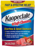 Kaopectate Fraises emballage clair, indique une solution rapide pour les inconforts digestifs.
