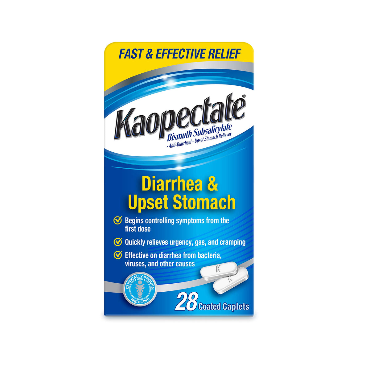 Kaopectate – bouteille caplets multi-symptômes, soulagement possible des inconforts digestifs.