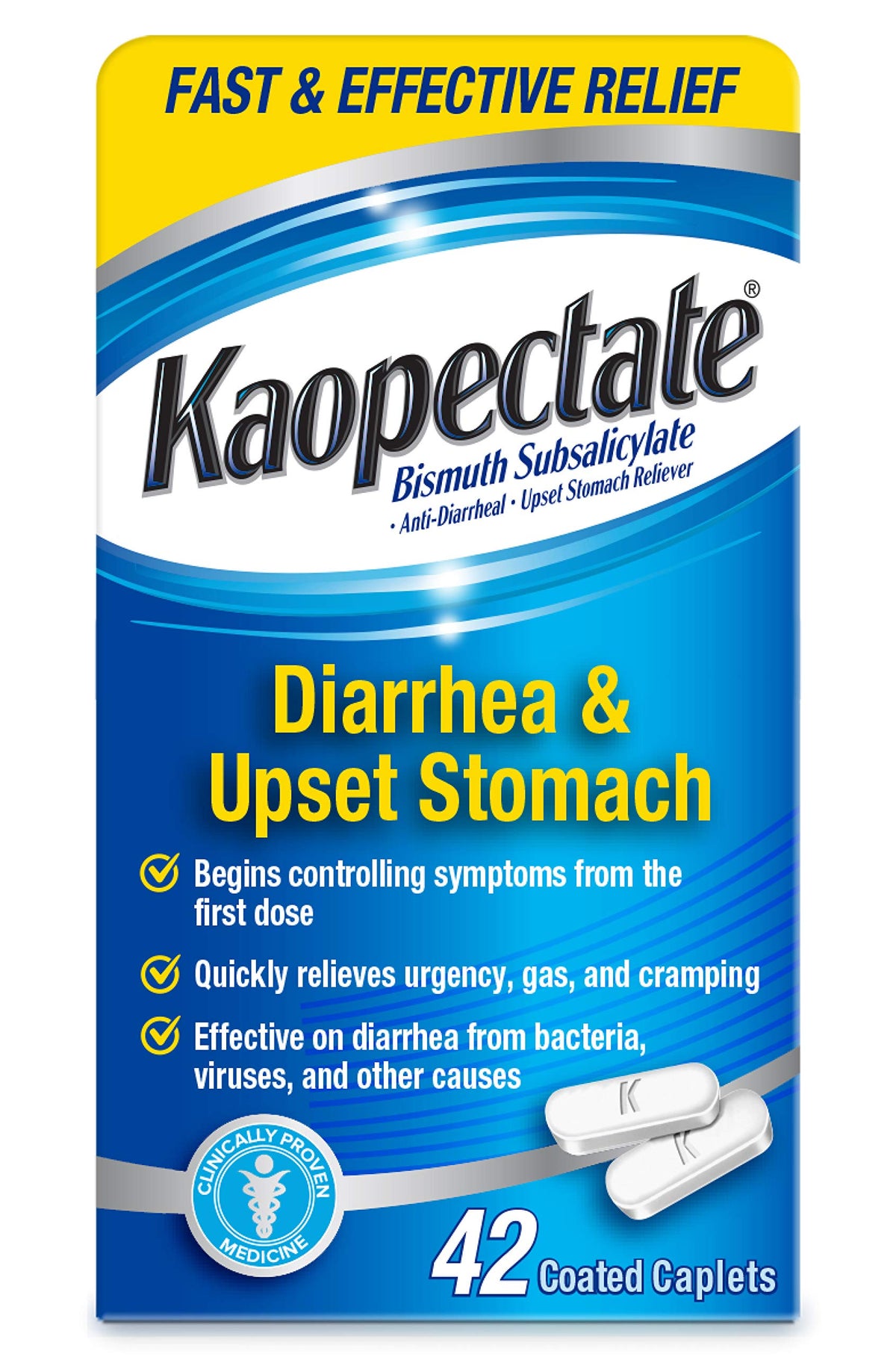 Kaopectate caplets montrant le soulagement multi-symptômes pour l’estomac.
