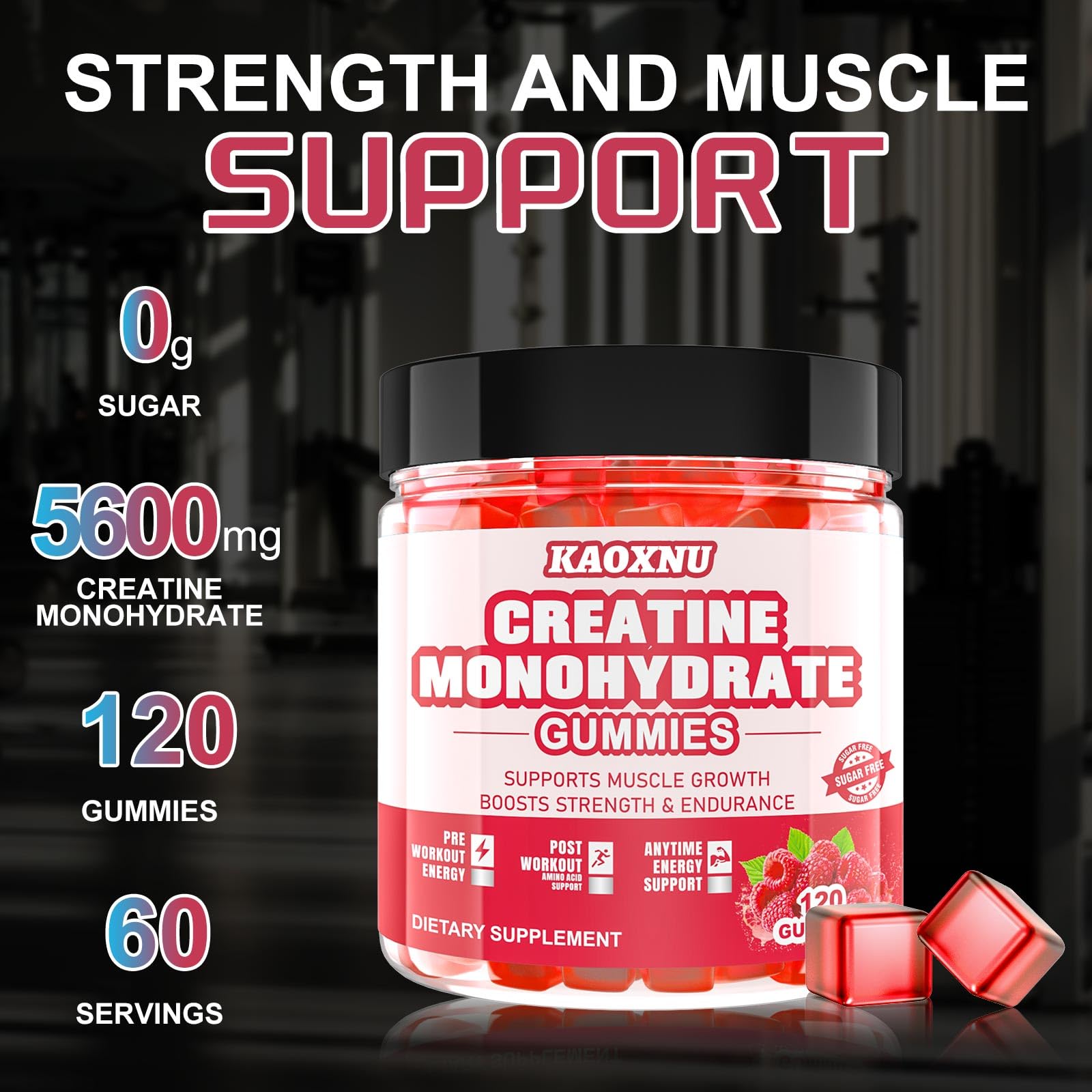 Gommes Kaoxnu Creatine Monohydrate, dose quotidienne facile pour énergie soutenue.