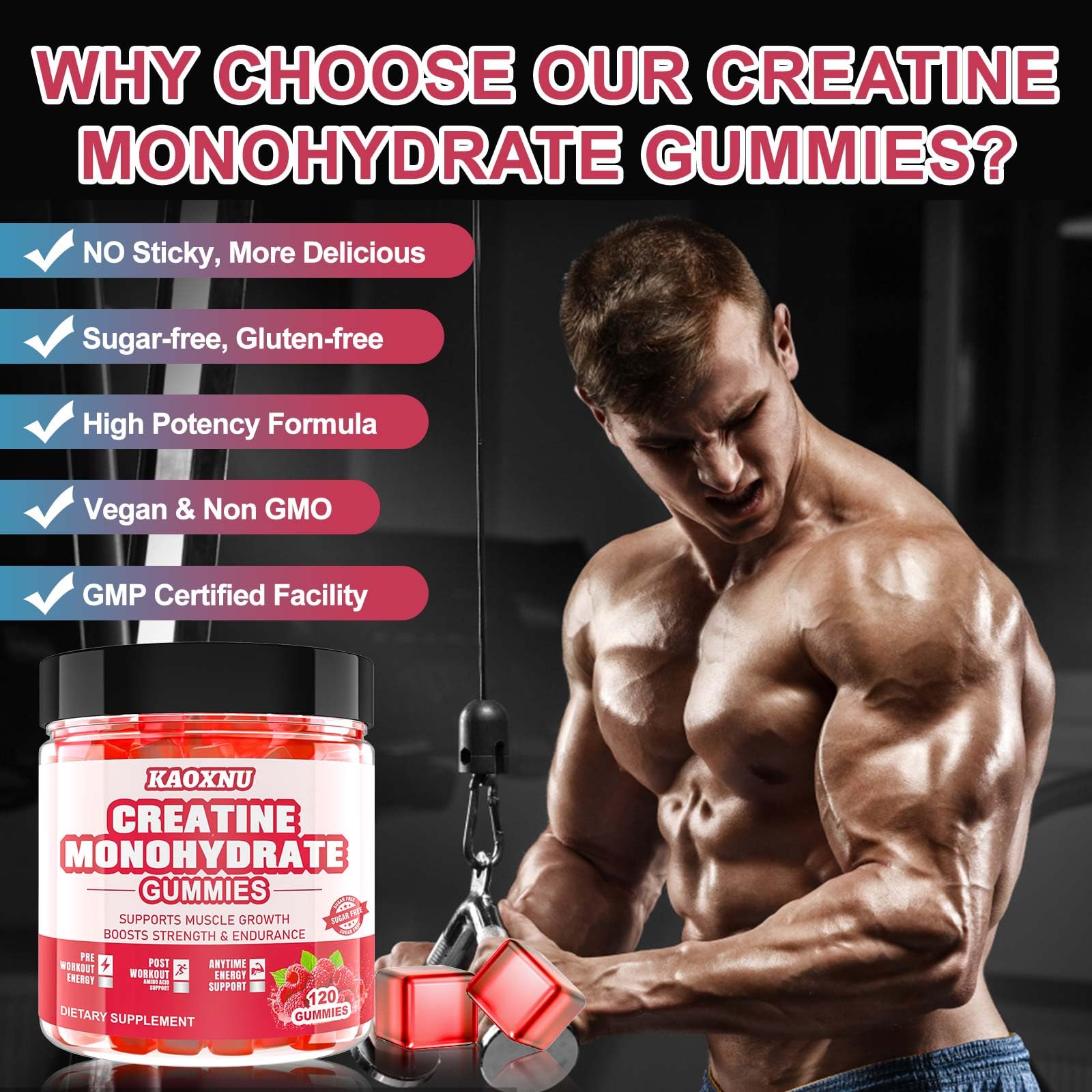 Gommes Kaoxnu Creatine Monohydrate, emballage clair avec informations nutritionnelles utiles.