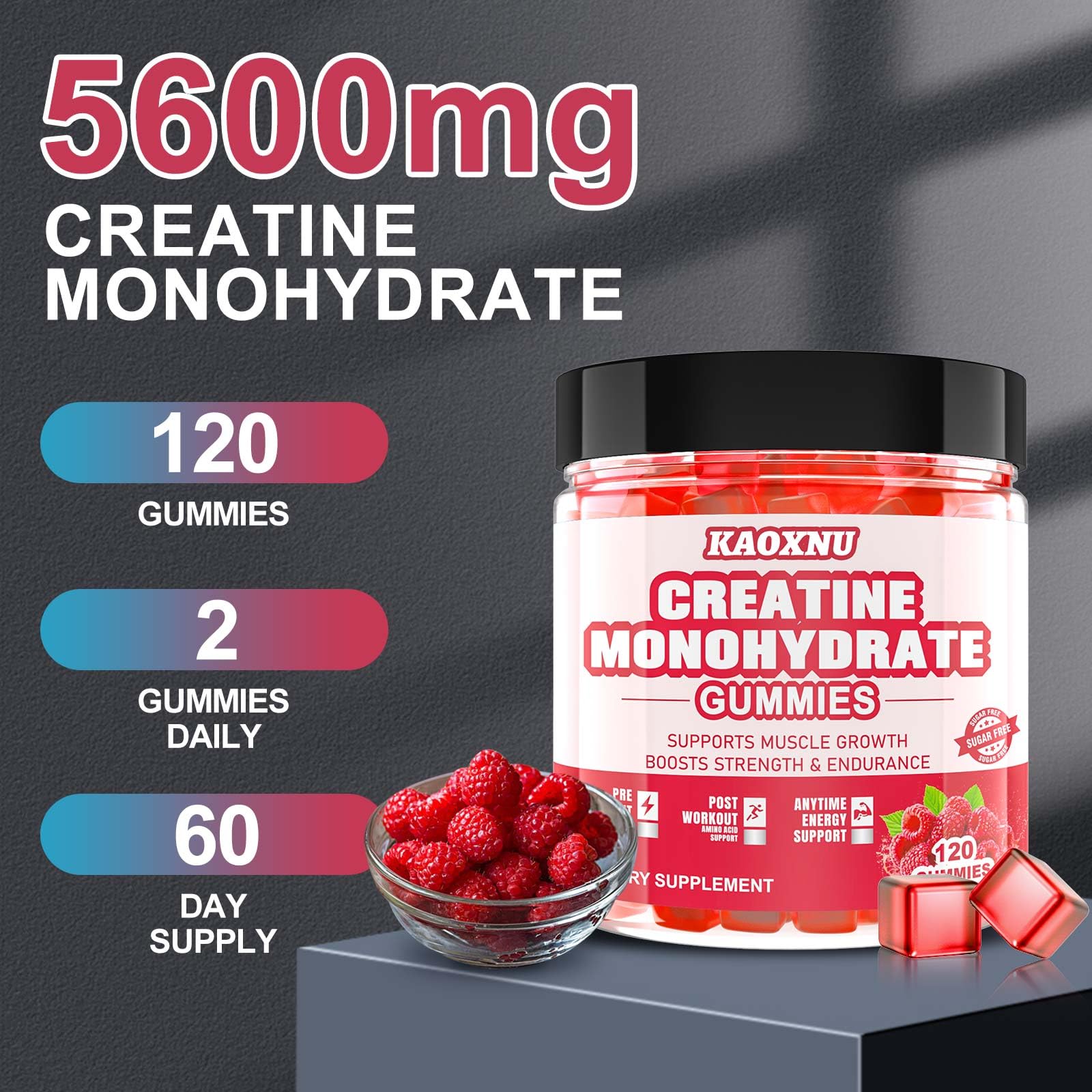 Gommes Kaoxnu Creatine Monohydrate, ingrédients vegan et sans sucre ajouté.