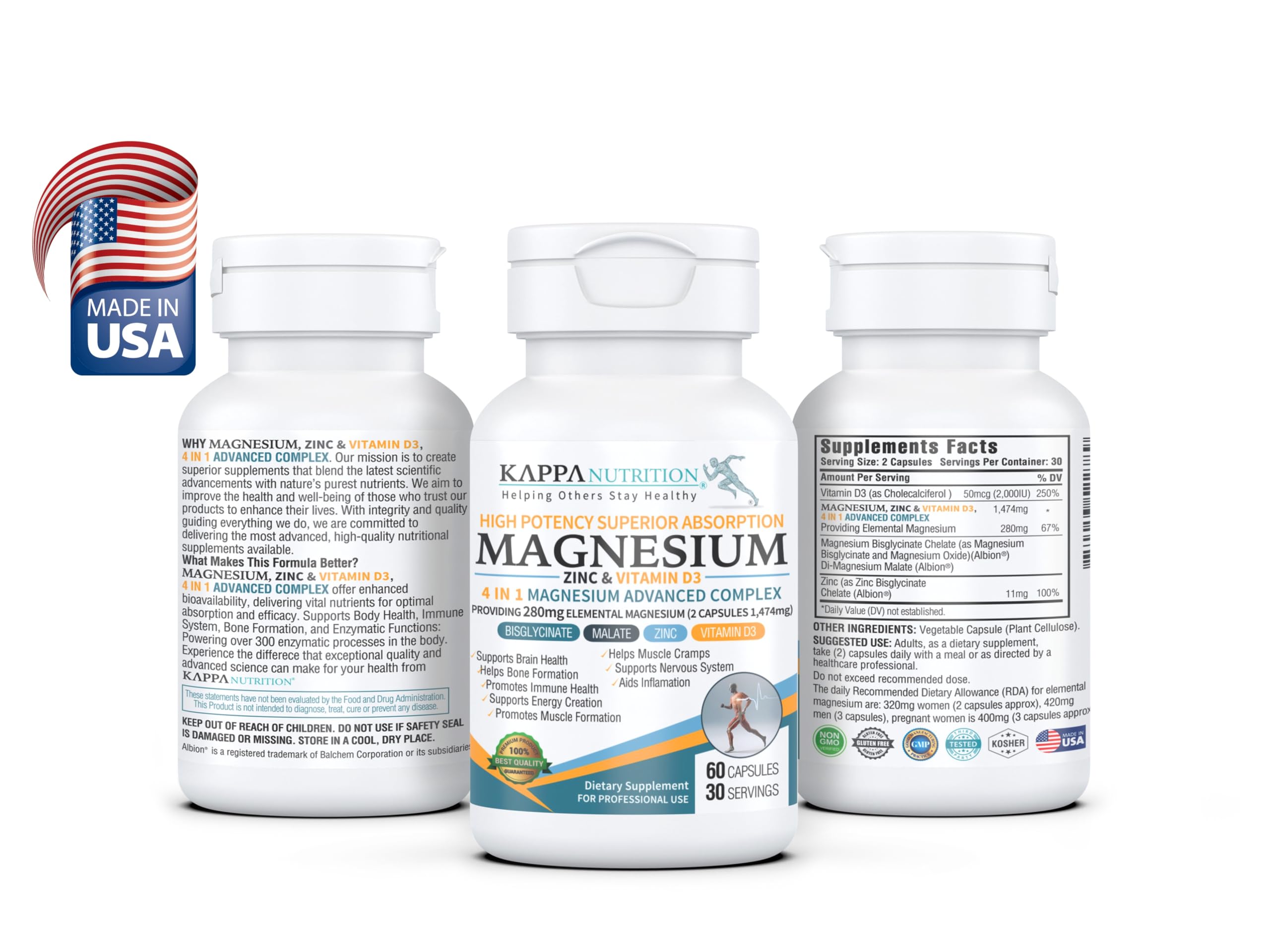 Capsules véganes Kappa Nutrition, magnésium-zinc-D3, soutien potentiel Immunité et énergie