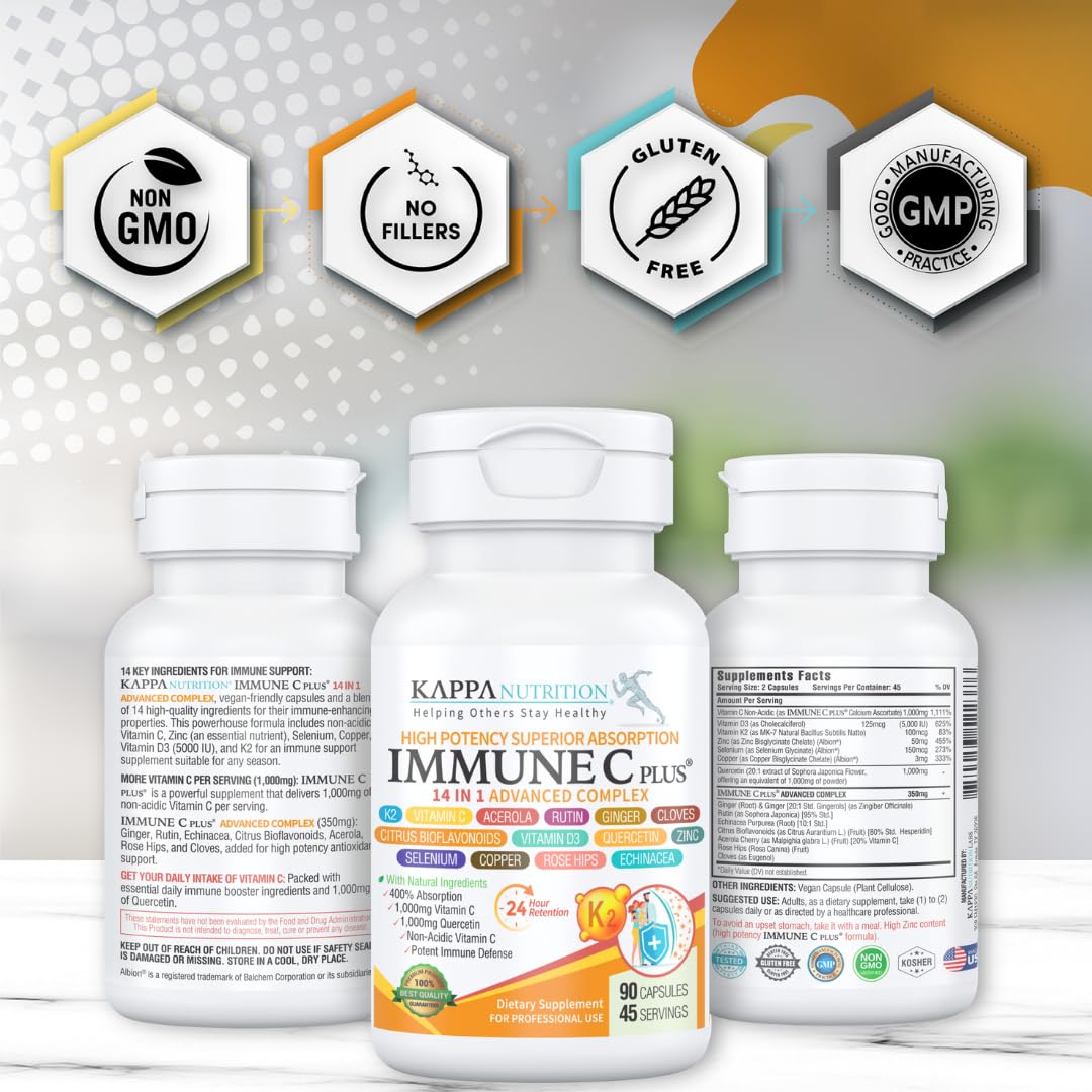 Kappa Nutrition Immune C Plus, bouteille sur table avec un verre prêt à l’emploi.