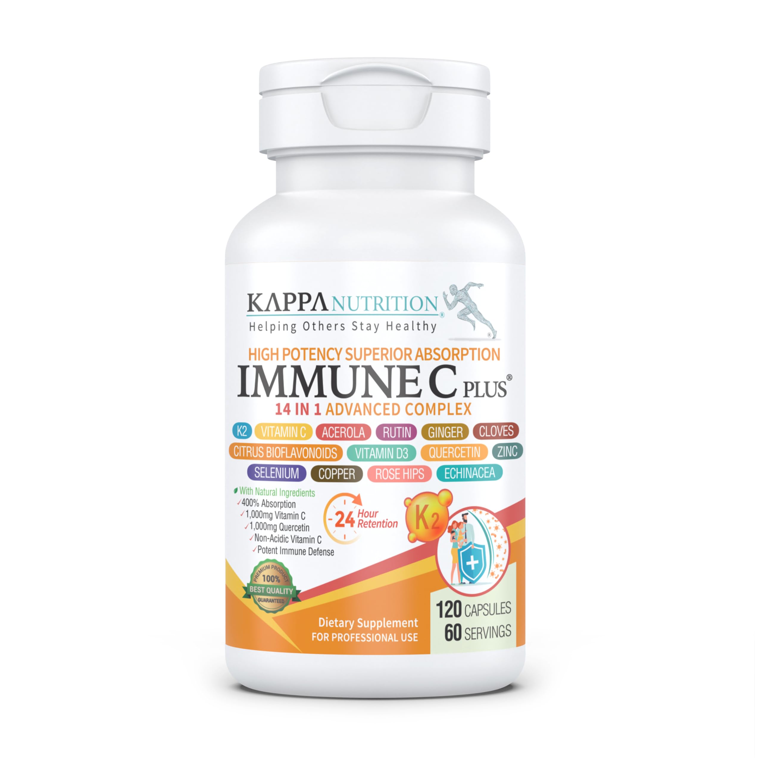 Kappa Nutrition Immune C Plus, bouteille affichant l’étiquette, soutien potentiel à l’immunité.