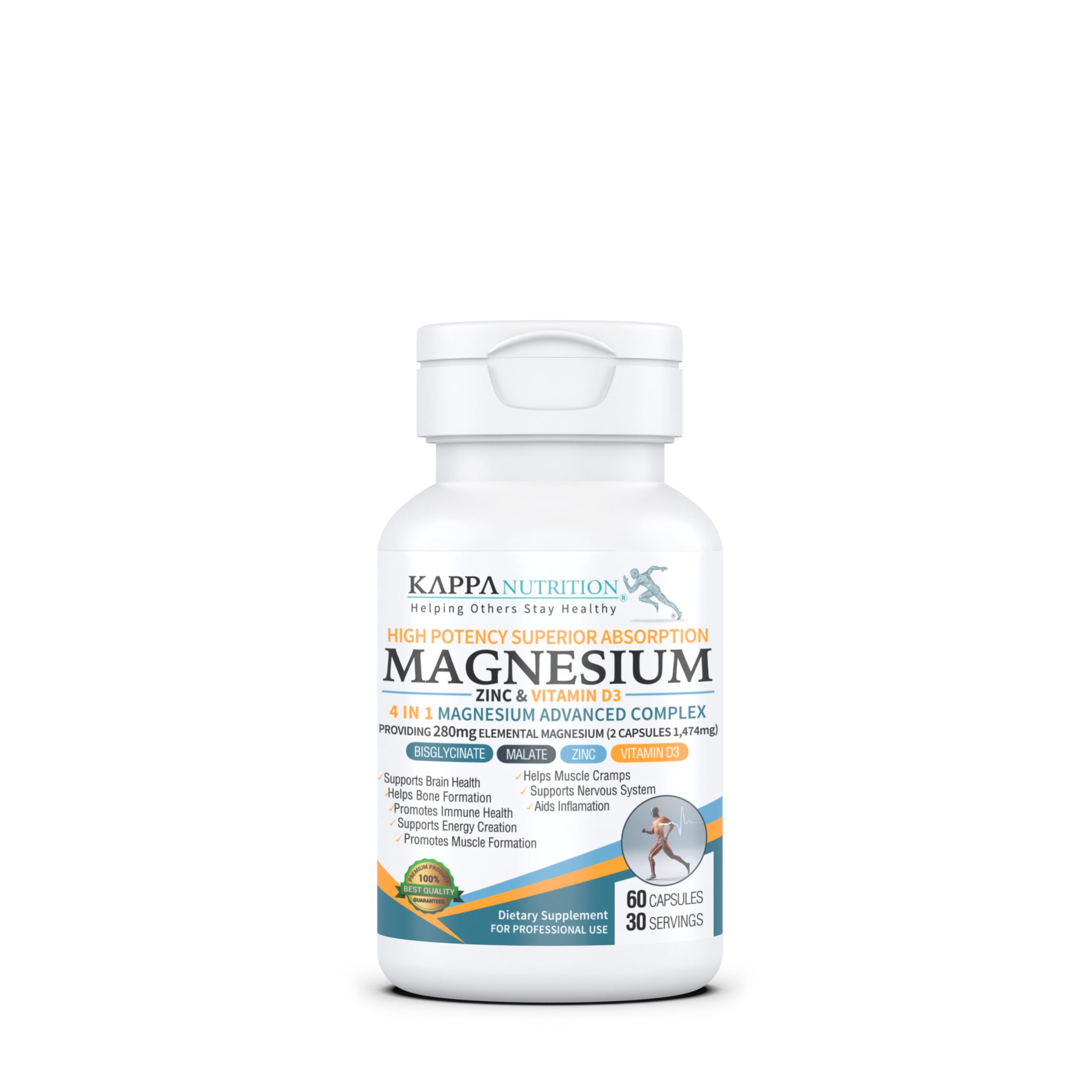 Kappa Nutrition Magnésium 4-en-1 dans une bouteille, capsules véganes faciles à prendre