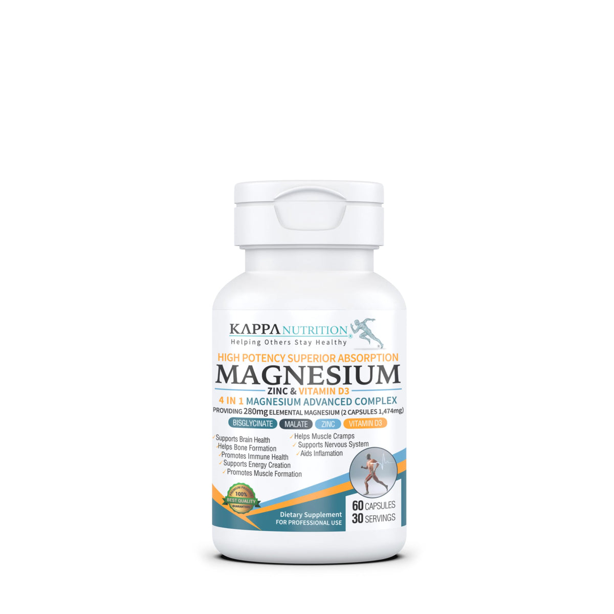 Kappa Nutrition Magnésium 4-en-1 dans une bouteille, capsules véganes faciles à prendre