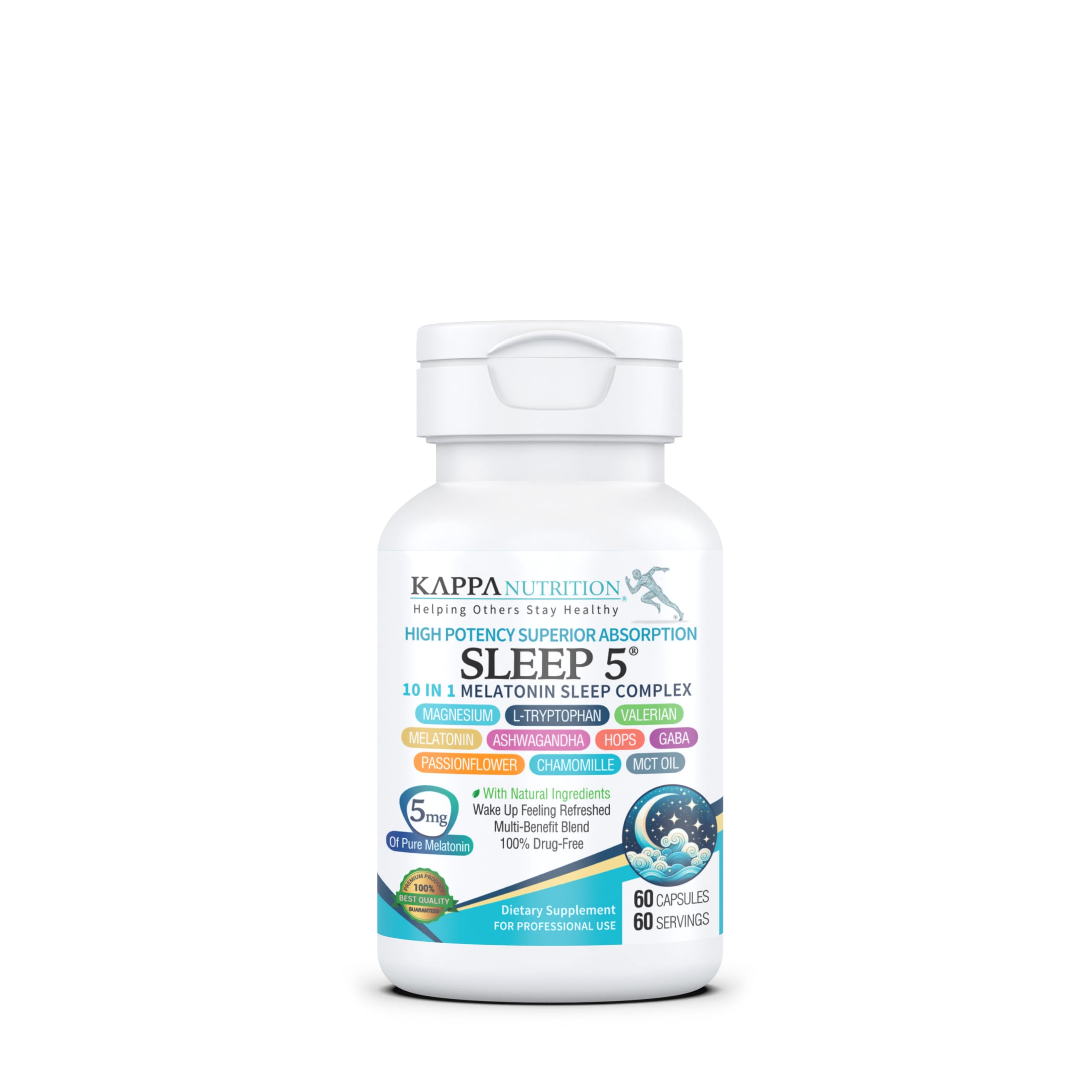 Bouteille Sleep 5 de KAPPA NUTRITION, capsules vegan pour un sommeil plus serein.