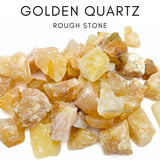 Karma Gems quartz doré brut indien, gros plan sur la texture et la couleur chaude.
