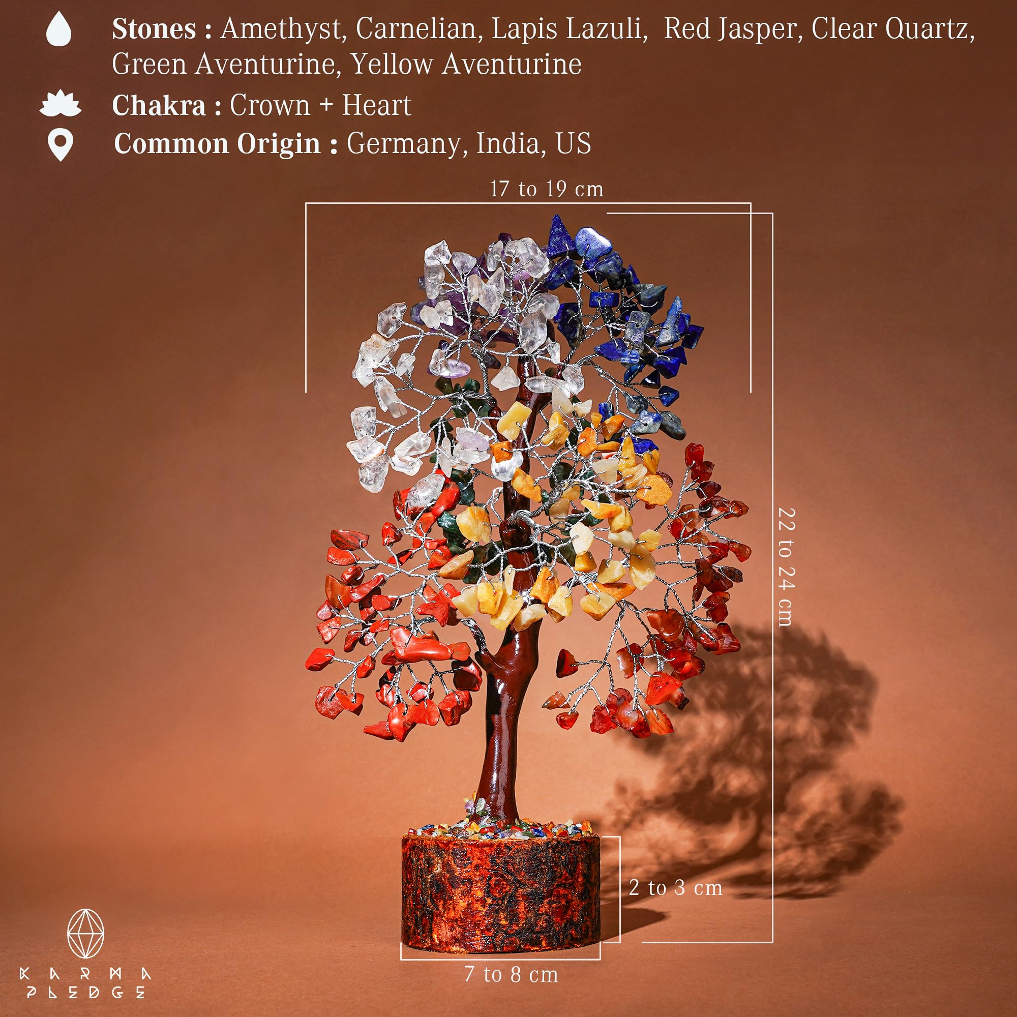 KARMAPLEDGE Arbre chakra7 pierres détail: énergie pour méditation et concentration.