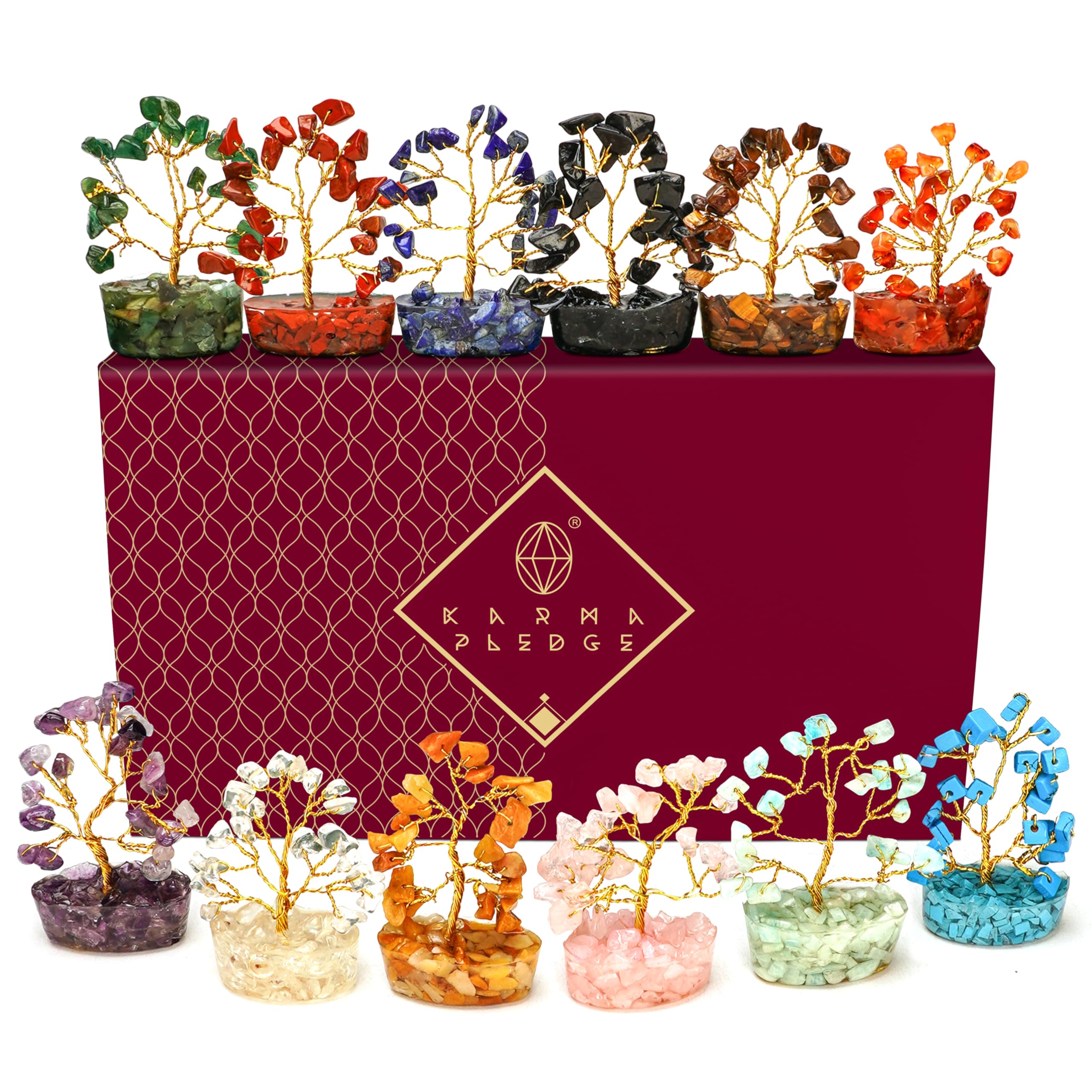 KARMAPLEDGE Arbre cristal 12 pièces – vue d'ensemble pour énergie positive et décoration.