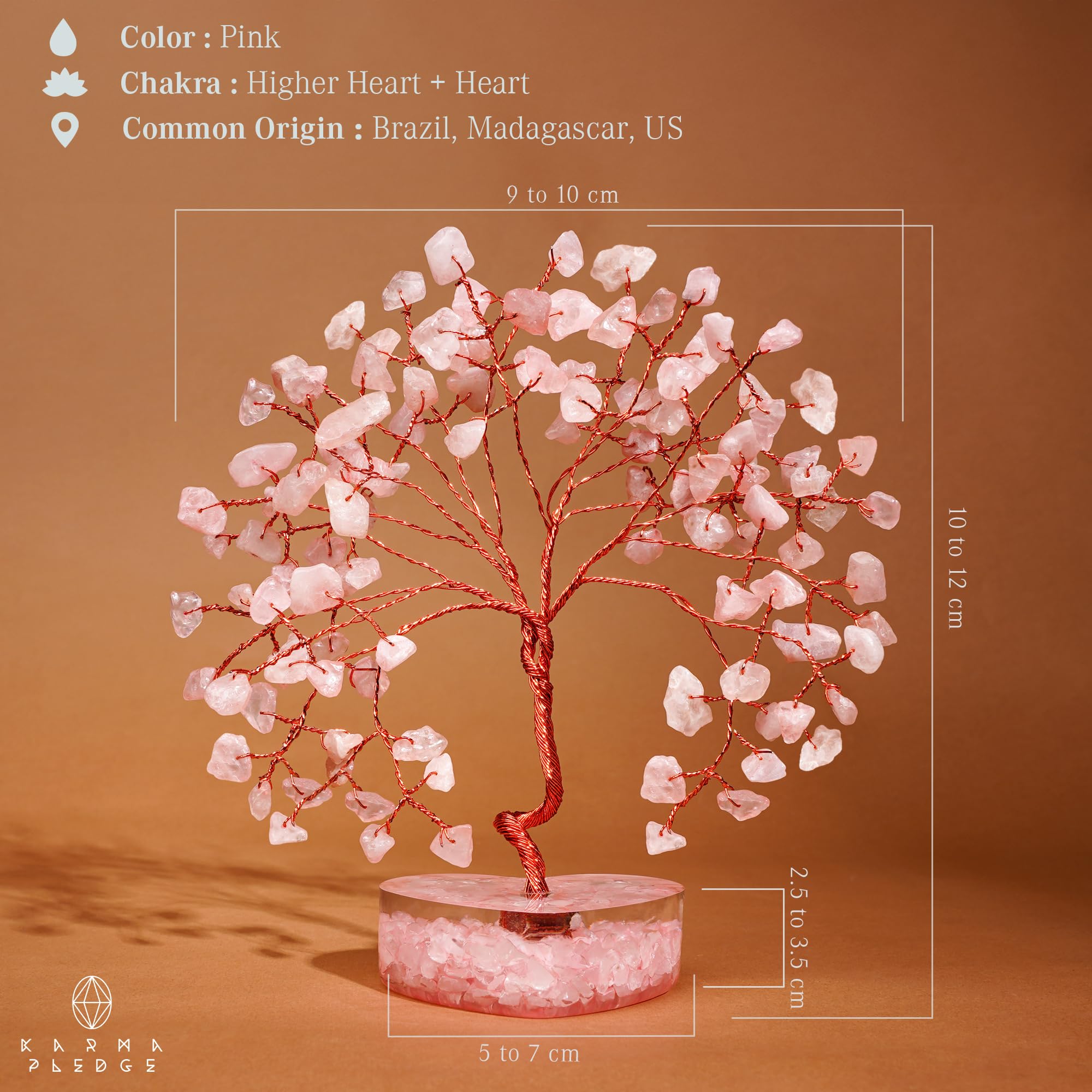 KARMAPLEDGE arbre-de-vie cristal rose-quartz, cadeau idéal pour exprimer chaleur et compassion.