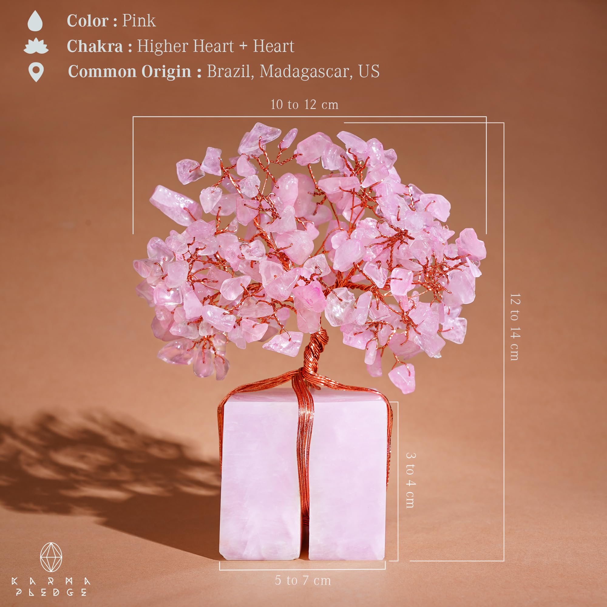 KARMAPLEDGE Arbre quartz rose – branches en cuivre, esthétique artisanale et raffinée.