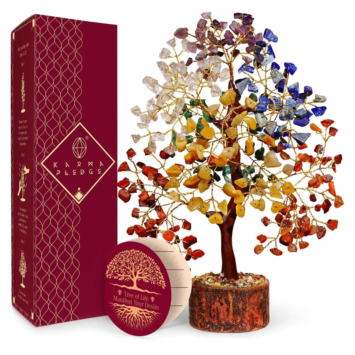 KARMAPLEDGE arbre-vie-7-chakras posé sur bureau, énergie positive et concentration accrues.