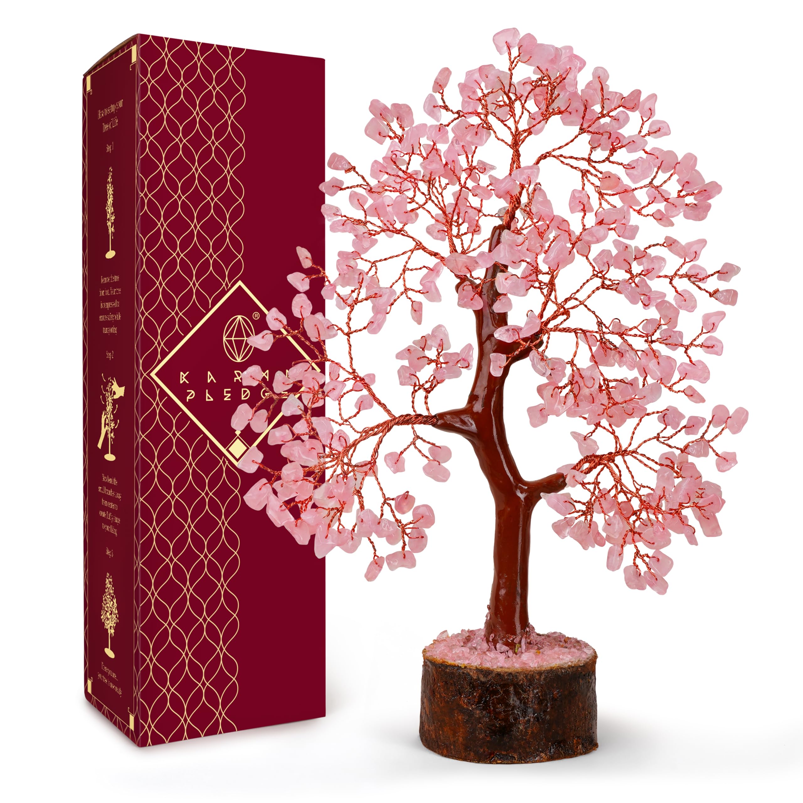 KARMAPLEDGE arbre de vie quartz rose sur socle bois, énergie apaisante pour la maison