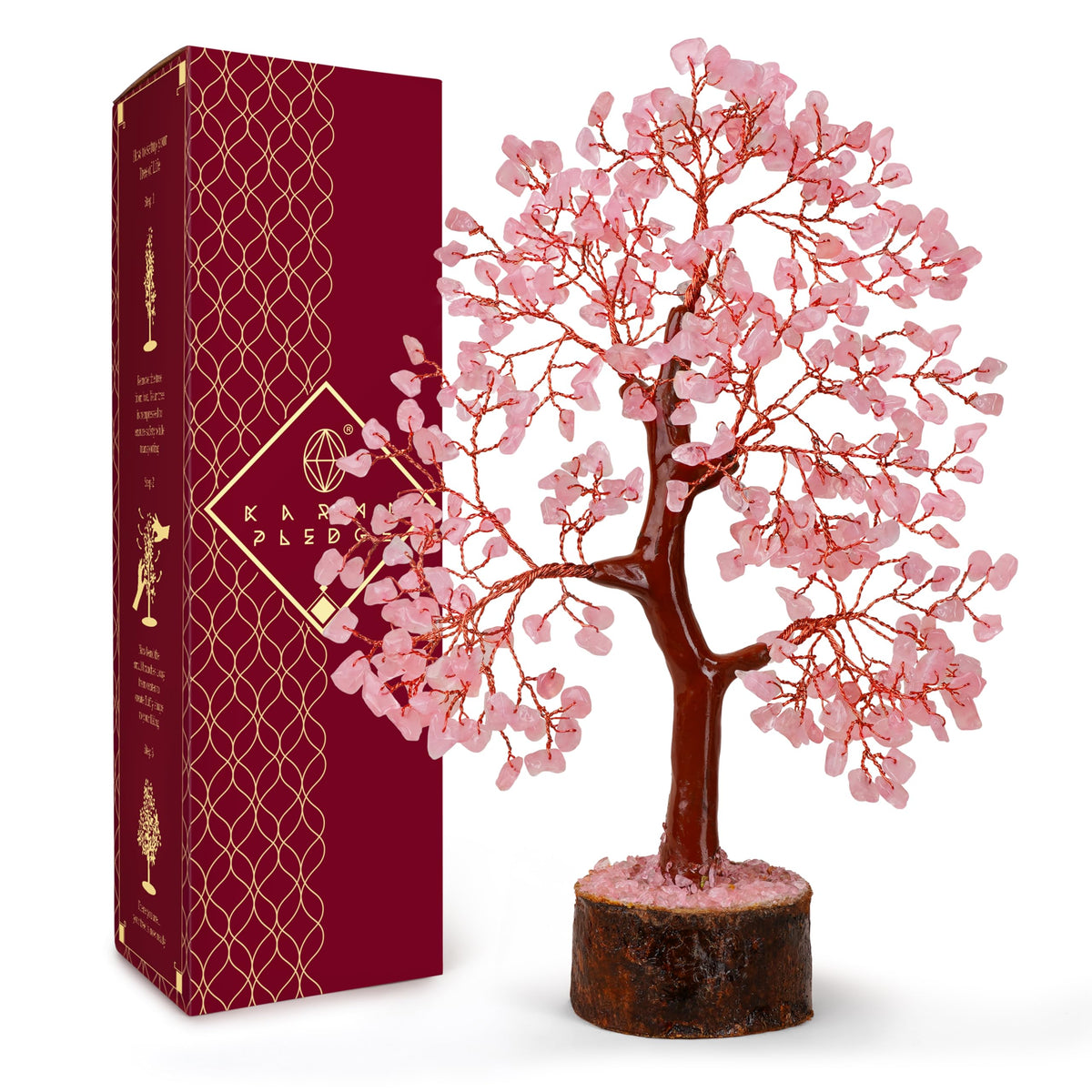 KARMAPLEDGE arbre de vie quartz rose sur socle bois, énergie apaisante pour la maison