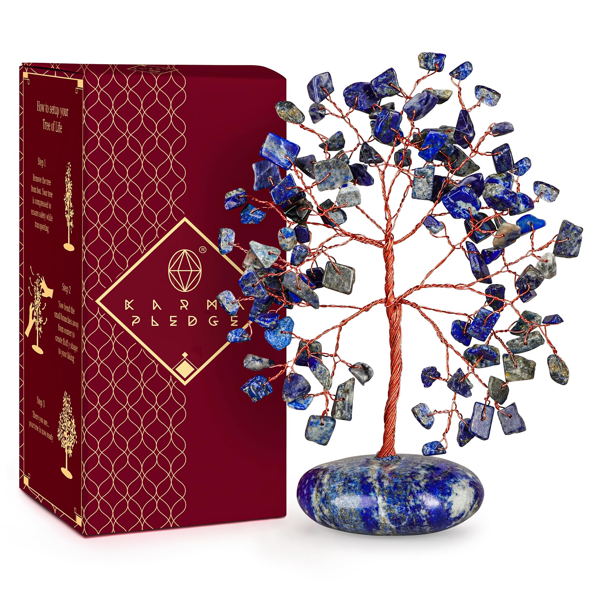 KARMAPLEDGE Lapis Lazuli arbre de vie sur base pierre, calme et concentration au bureau.