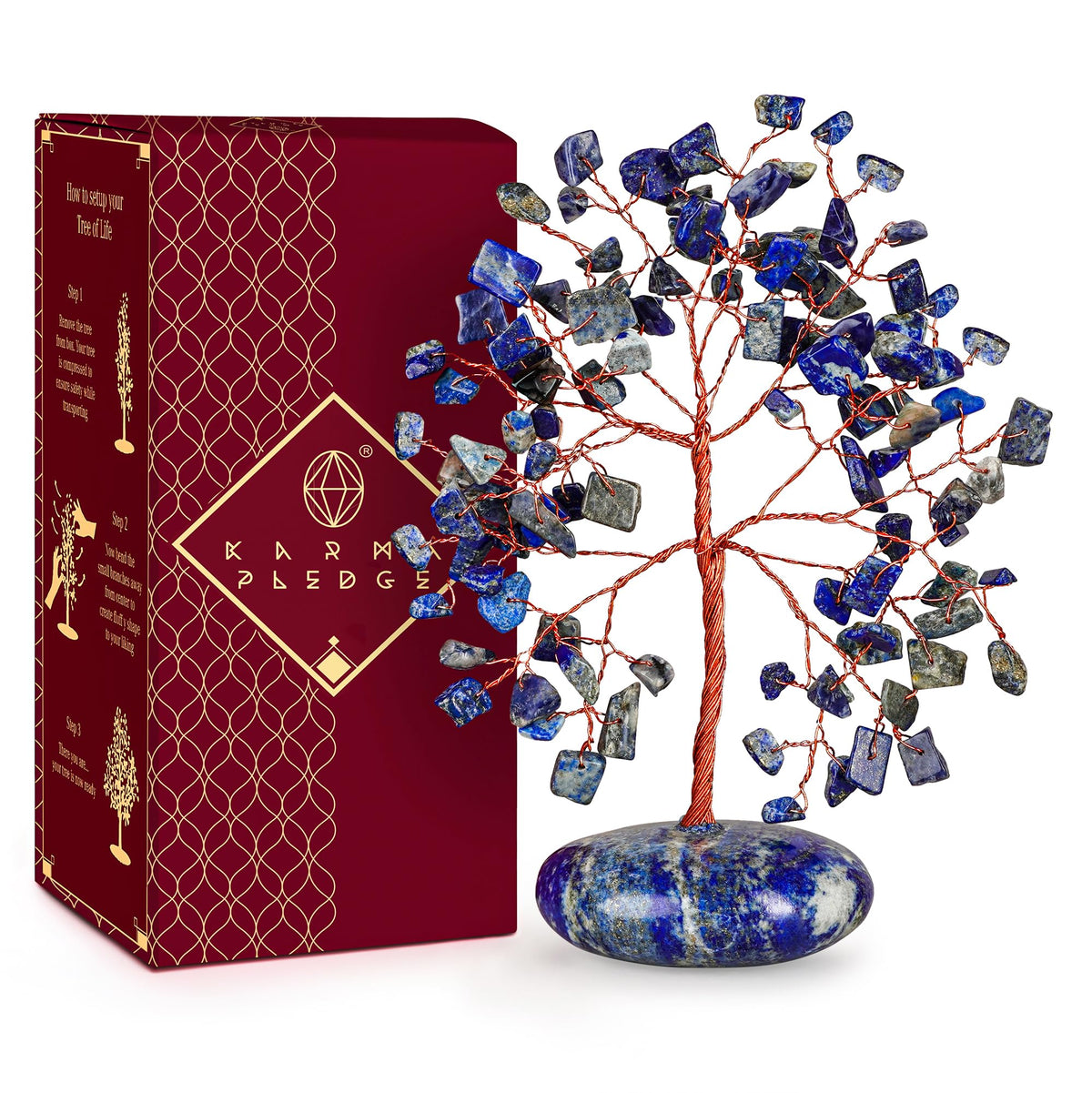 KARMAPLEDGE Lapis Lazuli arbre de vie sur base pierre, calme et concentration au bureau.