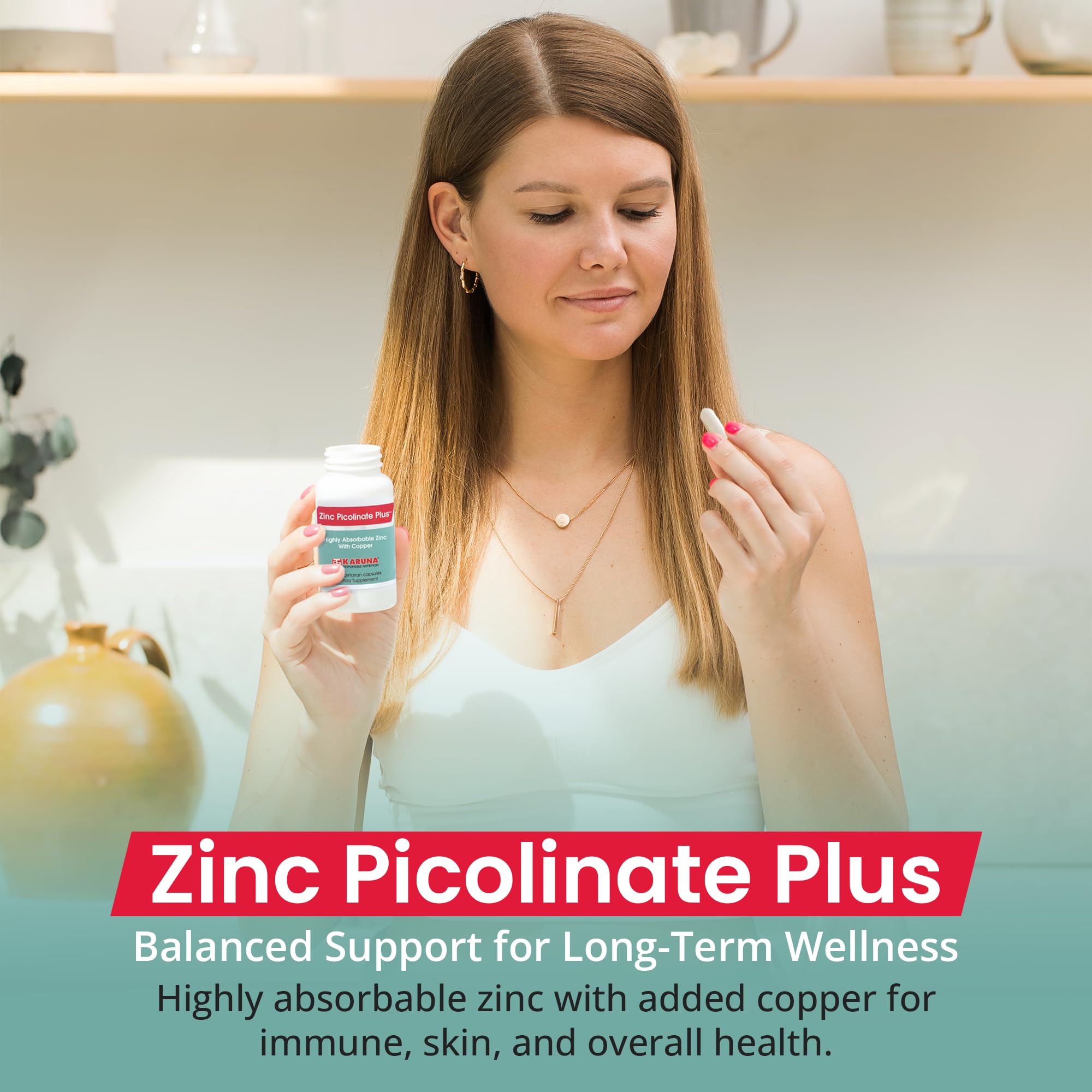 Emballage Karuna Zinc Picolinate Plus sur fond neutre, information claire sur les 60 comprimés.