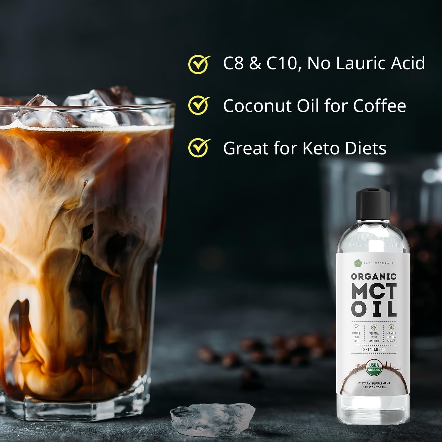 Huile MCT biologique Kate Naturals, coco pur et certifiée.
