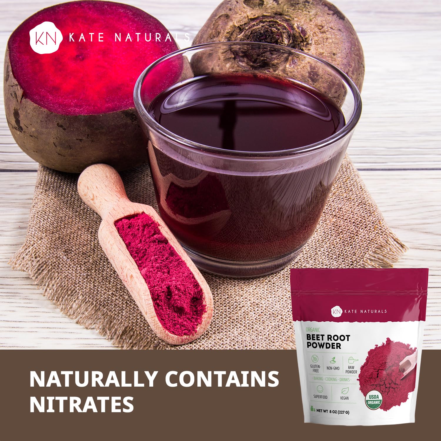 Kate Naturals poudre de betterave bio en cuisine, ajout facile et saveur terreuse.
