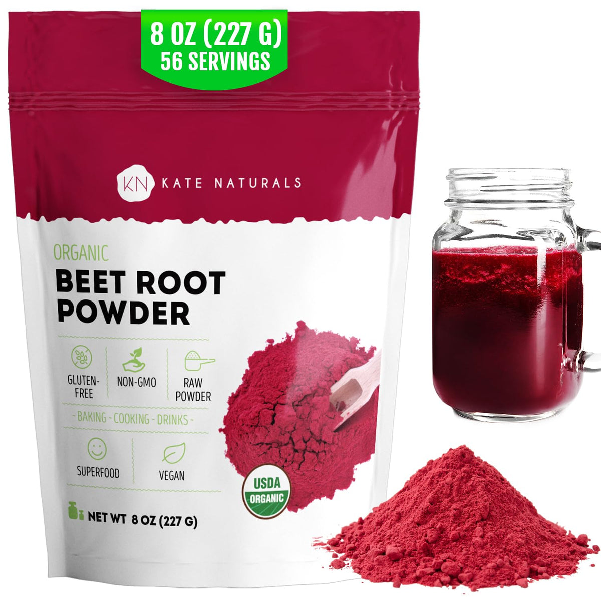 Kate Naturals poudre de betterave bio dans un pot, prête à ajouter couleur et nutriments.