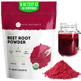 Kate Naturals poudre de betterave bio dans un pot, prête à ajouter couleur et nutriments.