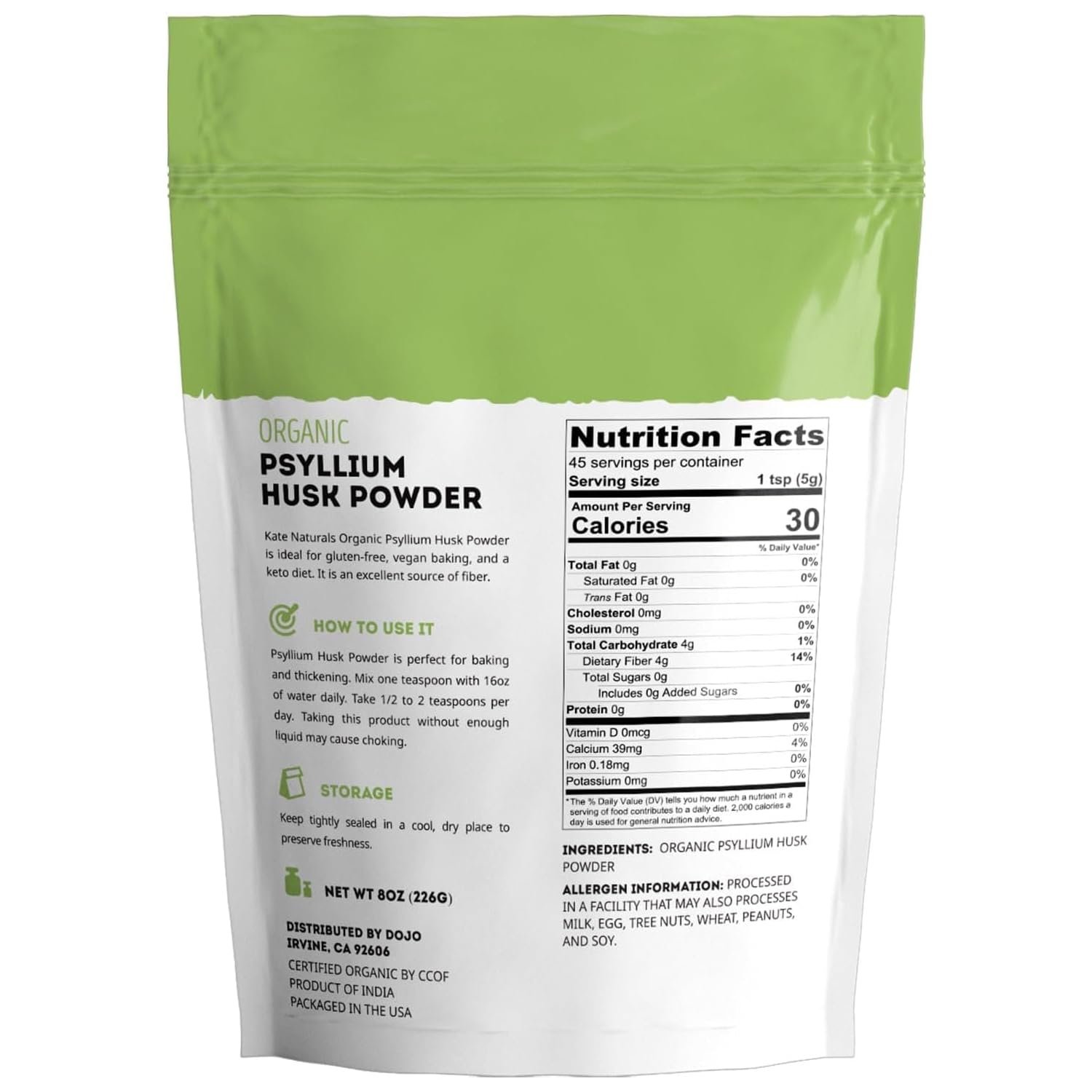 Kate Naturals poudre psyllium biologique: ingrédient pour boulangerie et fibres.