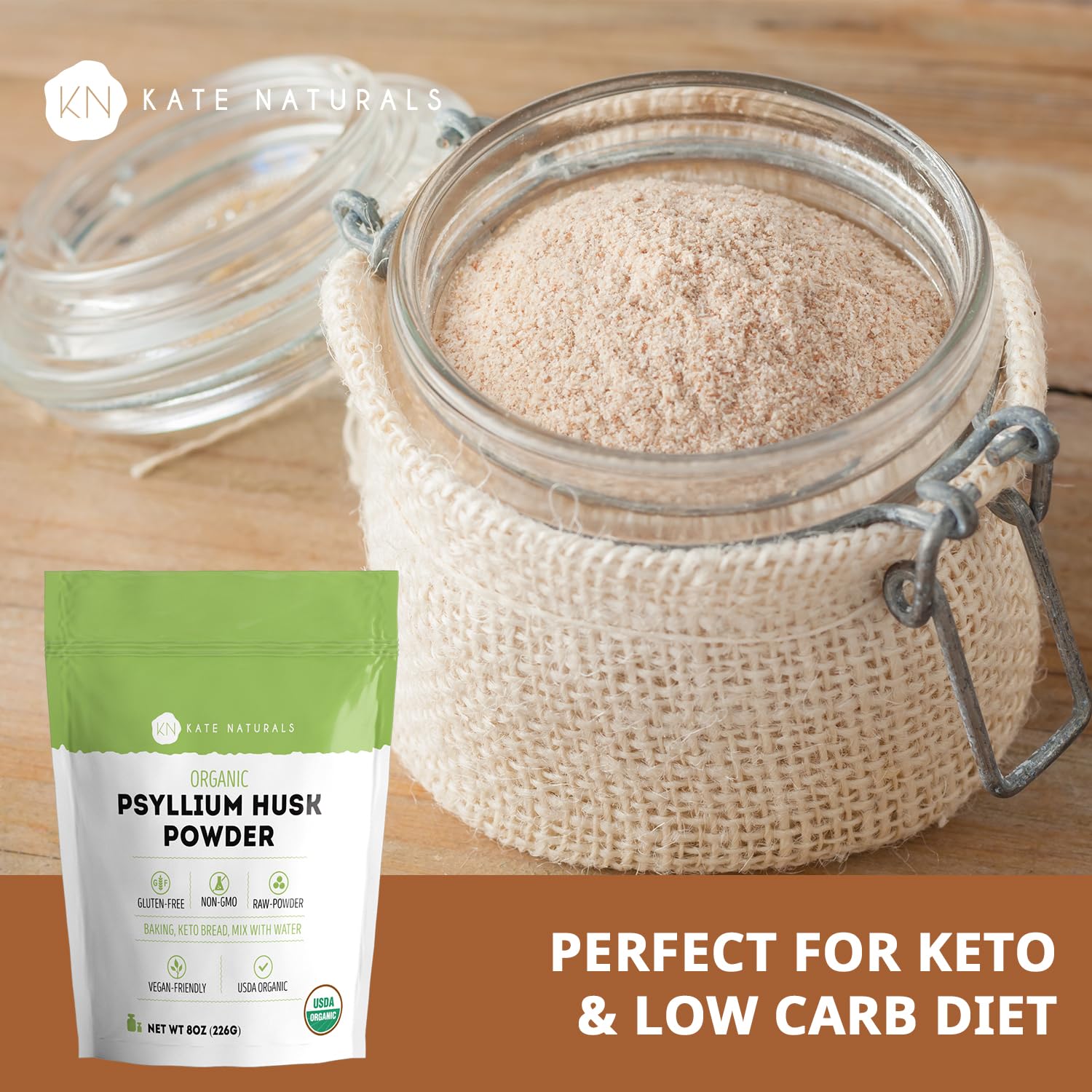 Kate Naturals poudre psyllium pour boissons – apporte fibre et douceur.