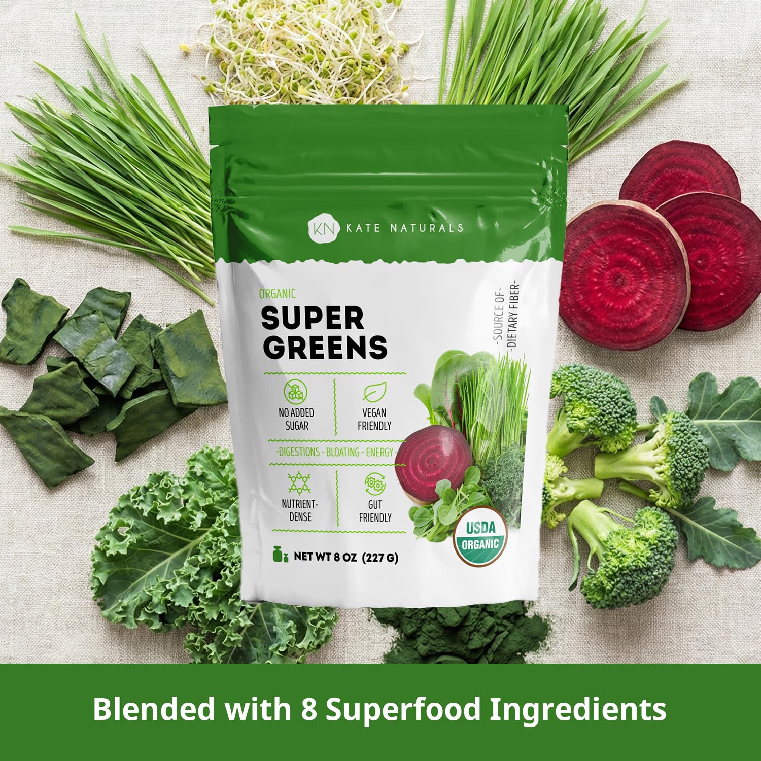 Kate Naturals Poudre Super Greens – boisson verte rapide et saine.