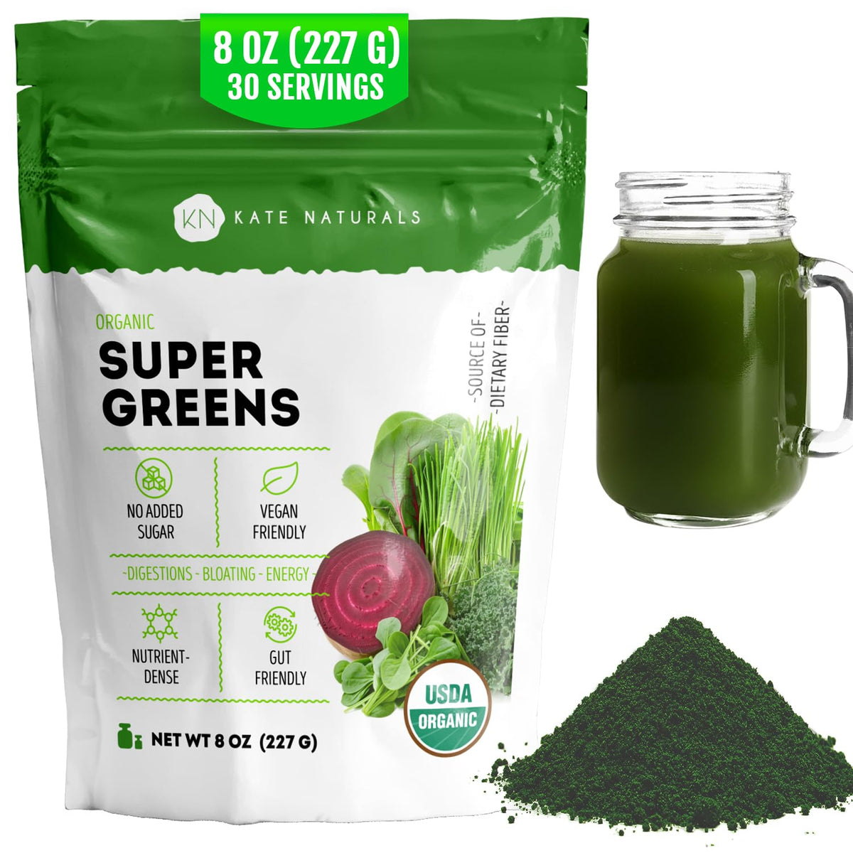 Kate Naturals Poudre Super Greens – bouteille verser pour démarrer votre journée en énergie naturelle.
