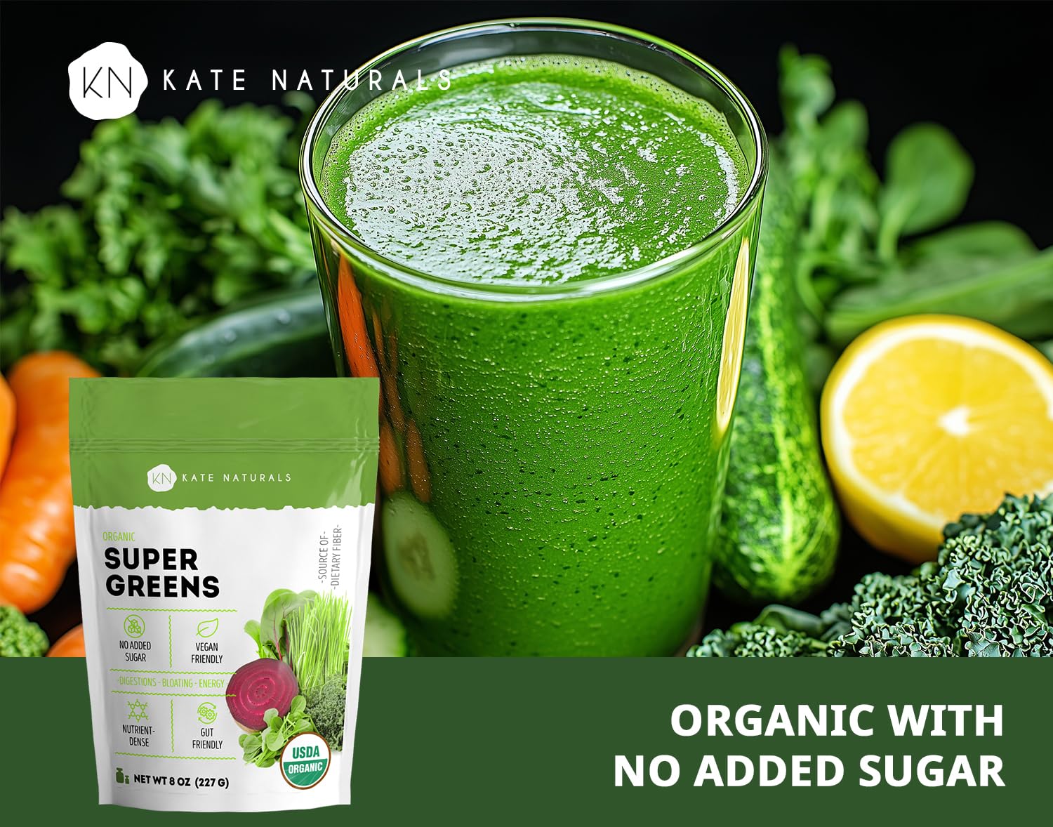 Kate Naturals Poudre Super Greens – ingrédients végétaux pour un apport nutritif.