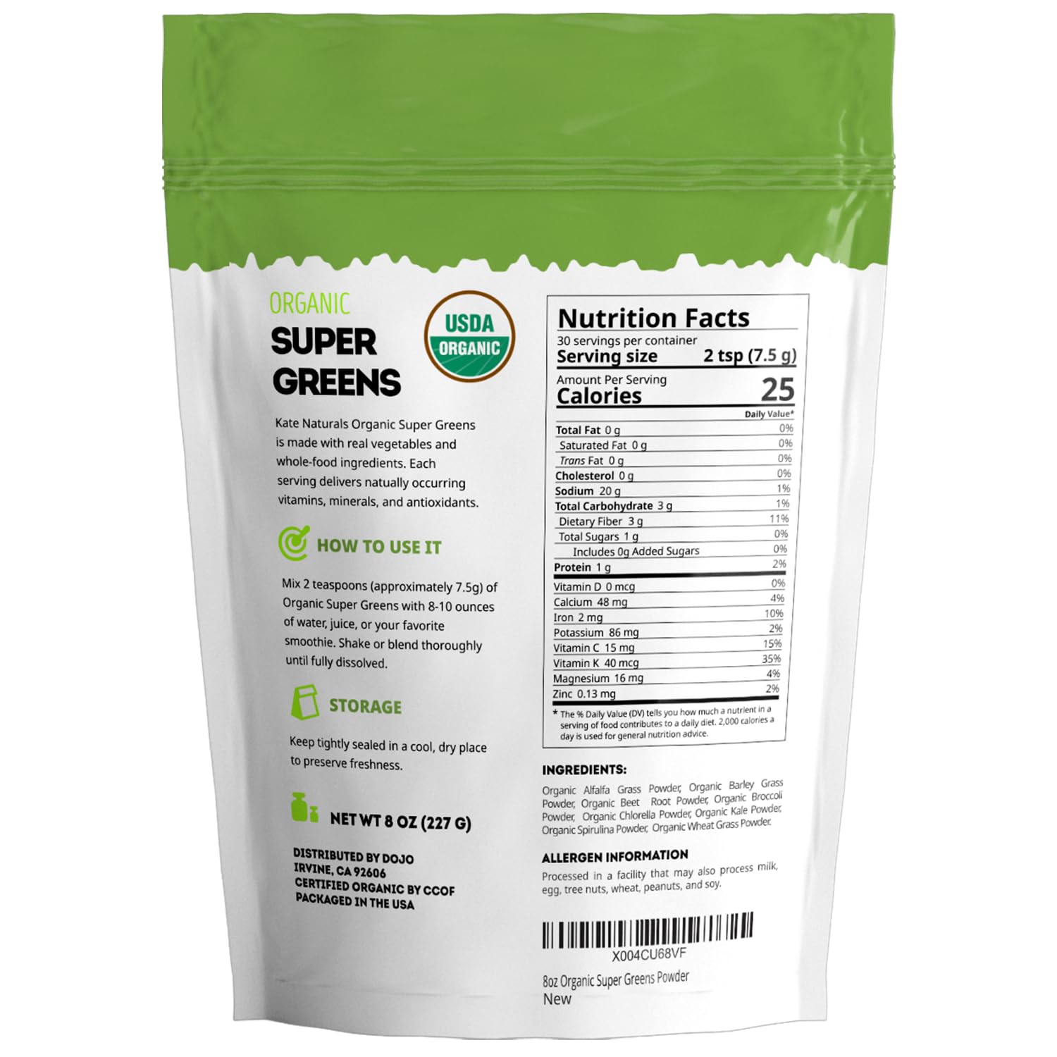 Kate Naturals Poudre Super Greens – sachet d'emballage pratique.