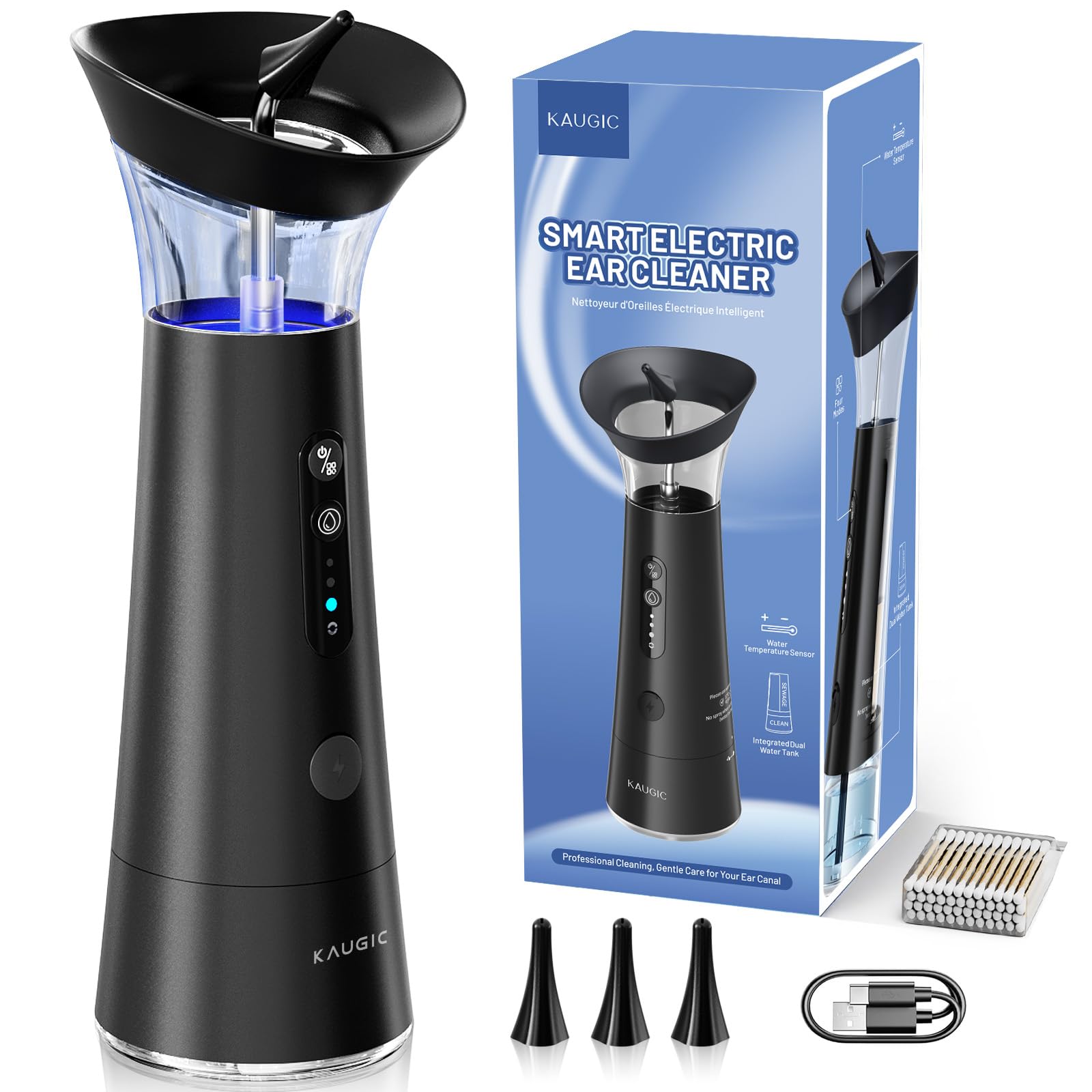 KAUGIC nettoyeur d'oreilles avec réservoir intégré, pratique et hygiénique pour un nettoyage rapide.