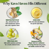 Étiquette Kava Haven sans alcool, option légère et sans sucre ajouté.