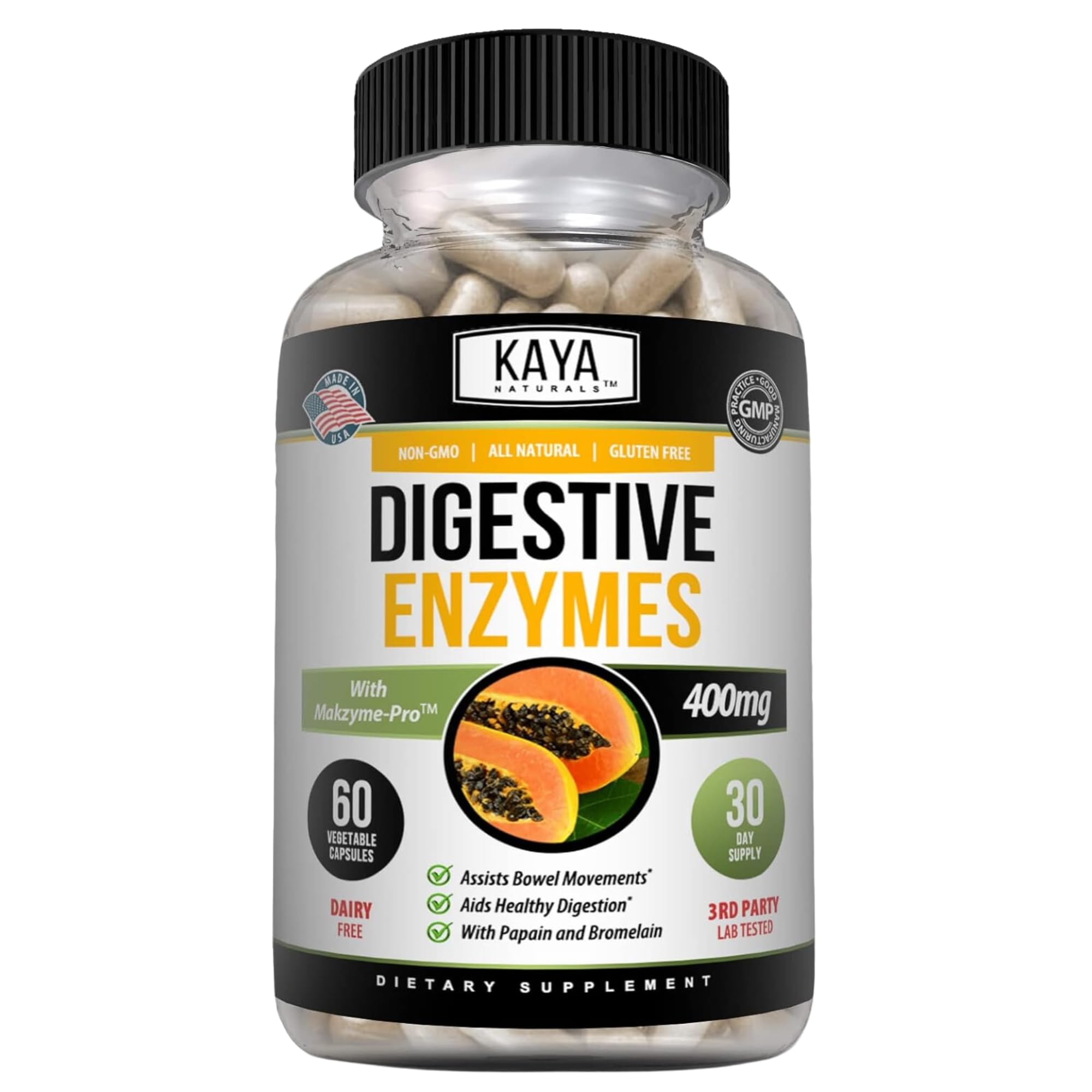 Kay Naturals Digestive Enzymes en bouteille, soutien digestif quotidien et confort.