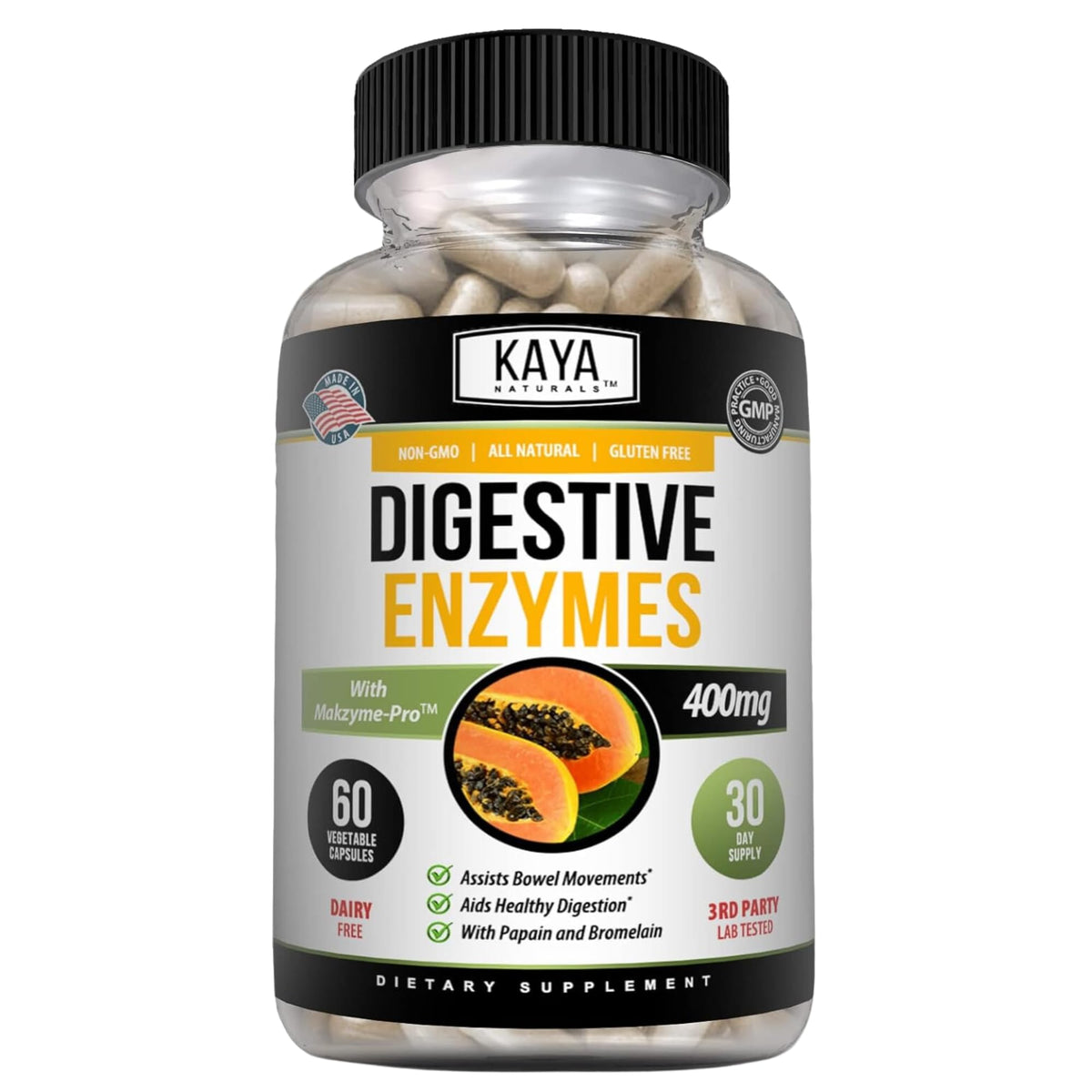 Kay Naturals Digestive Enzymes en bouteille, soutien digestif quotidien et confort.