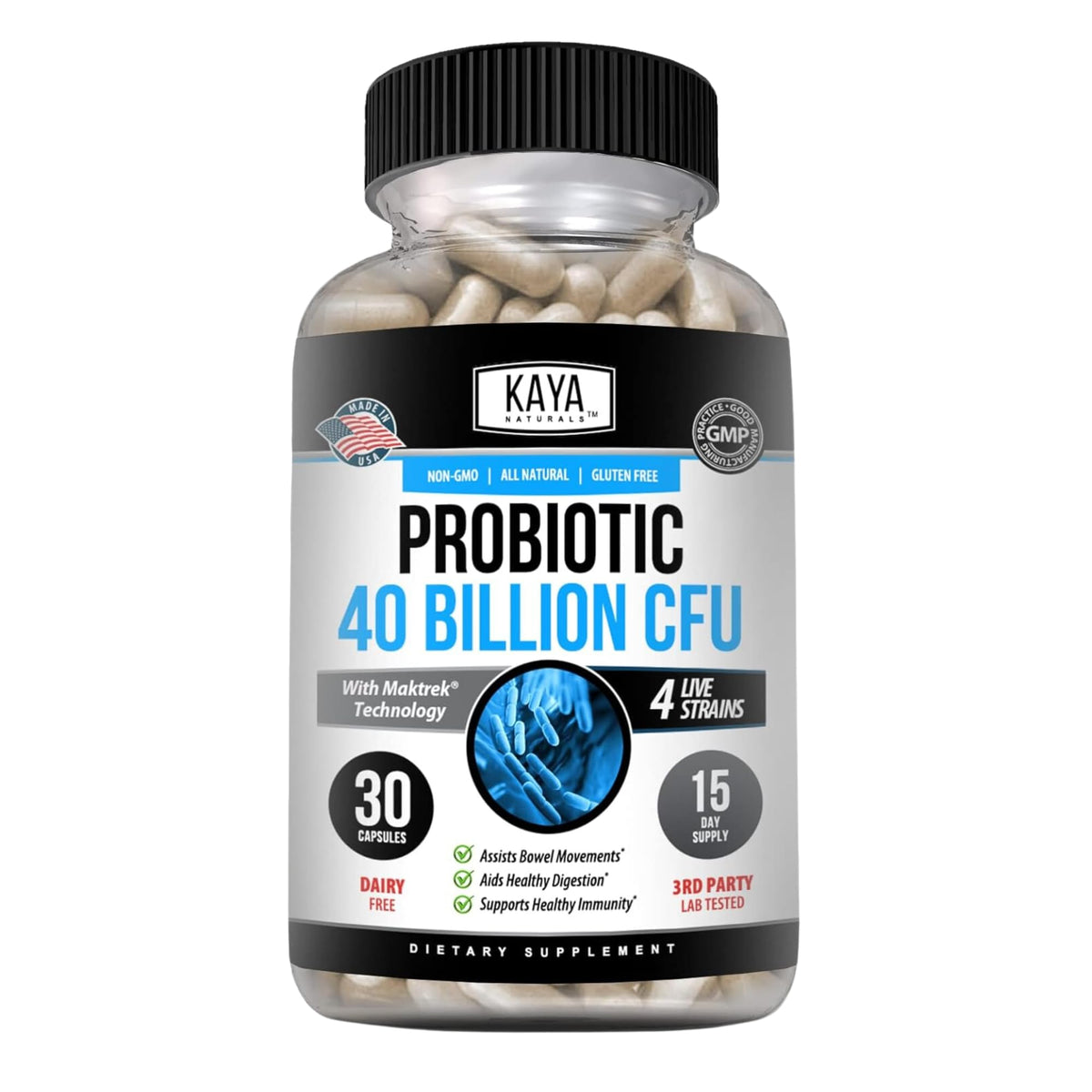 Kay Naturals Probiotiques 40 Milliards sur bouteille, soutien potentiel au microbiote.