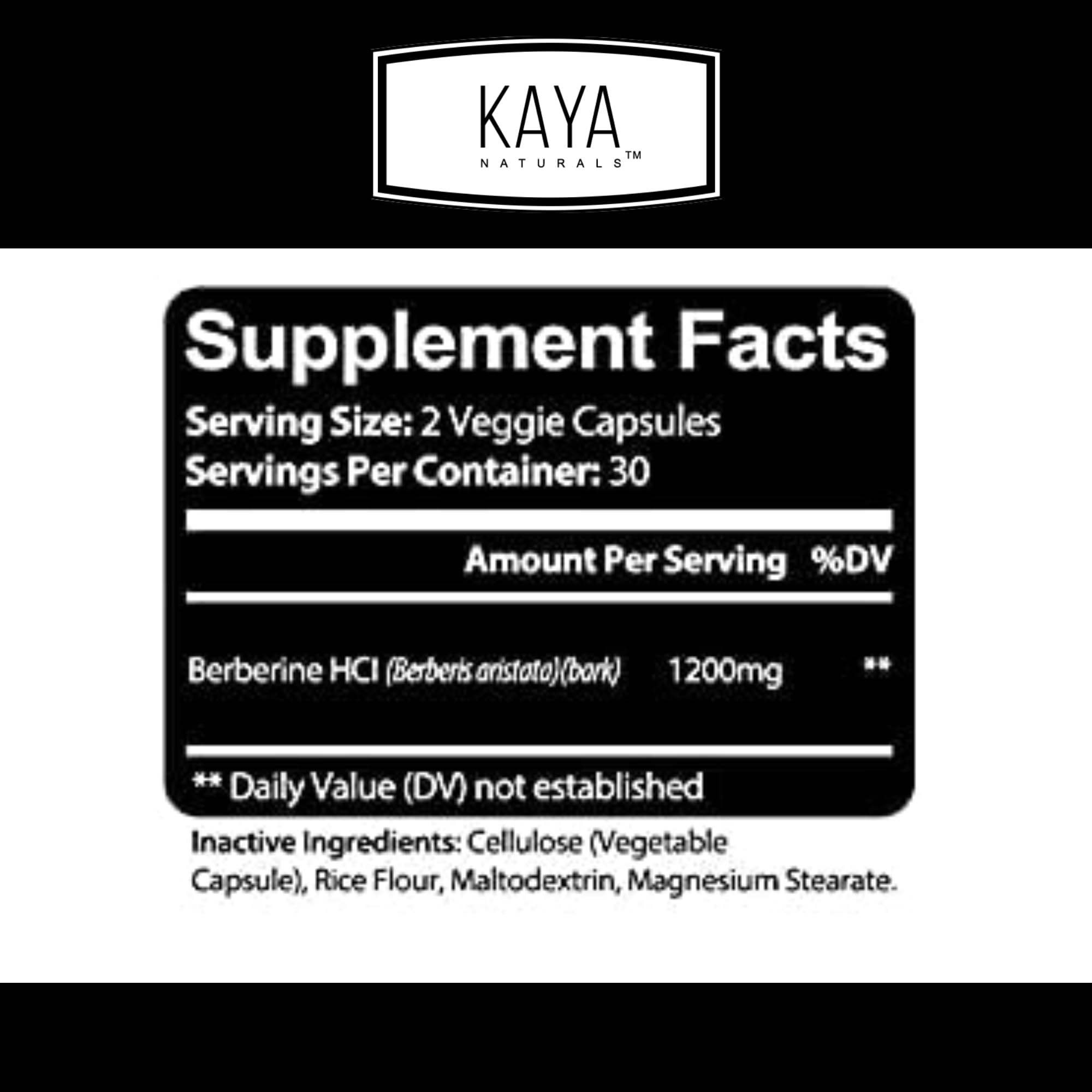 Kaya Naturals berberine HCL 1200mg – etiquette, informations sur les ingrédients naturels.